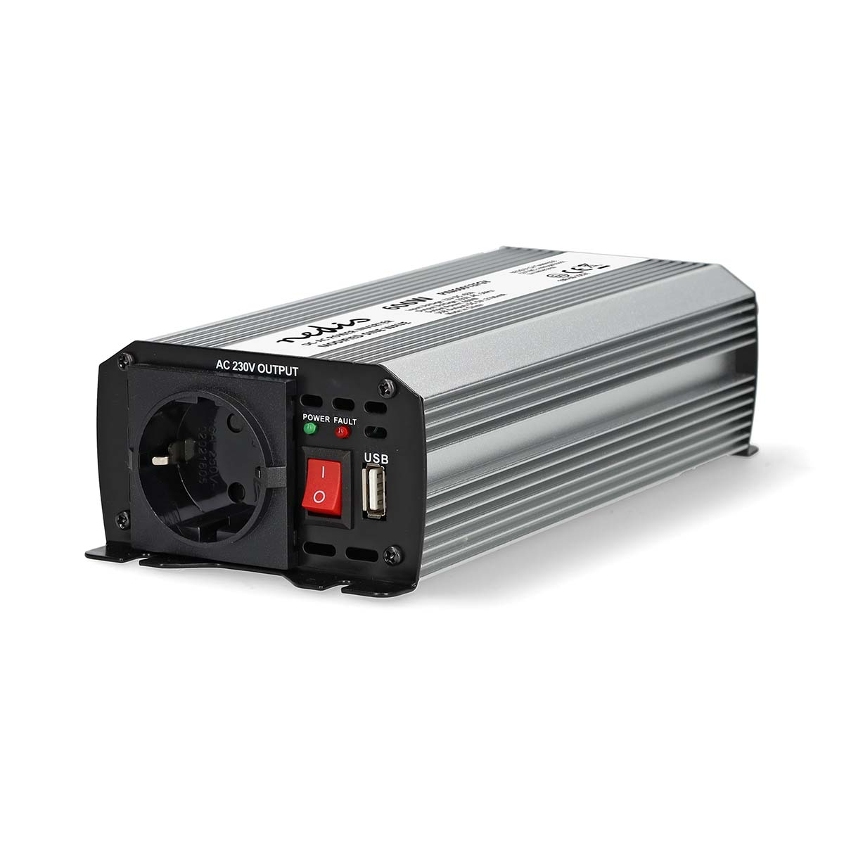 Zilveren apparaat met AC 230V uitgang, stroomstoring en USB. Rode aan/uit knop.