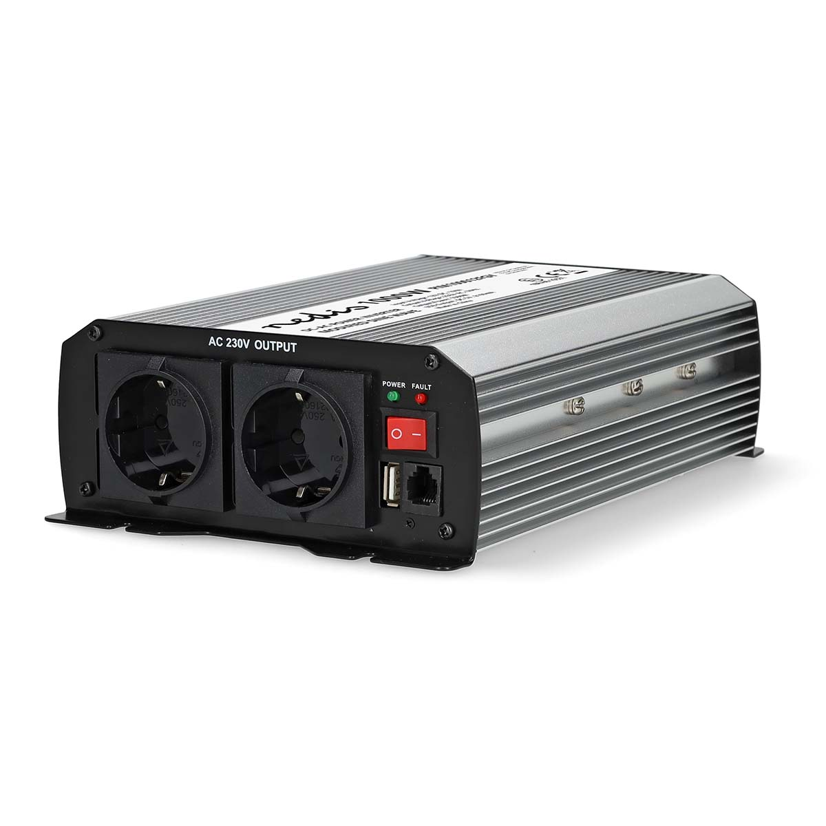 Zwarte en zilveren AC 230V-uitgangsinverter met aan/uit-knop en poorten.