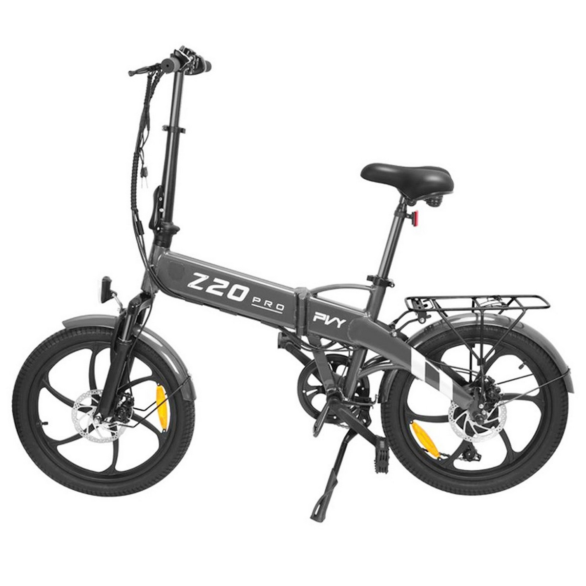 Bicicletta elettrica grigia con ruote nere, sella e portapacchi. 'Z20 PRO' è scritto sul telaio.