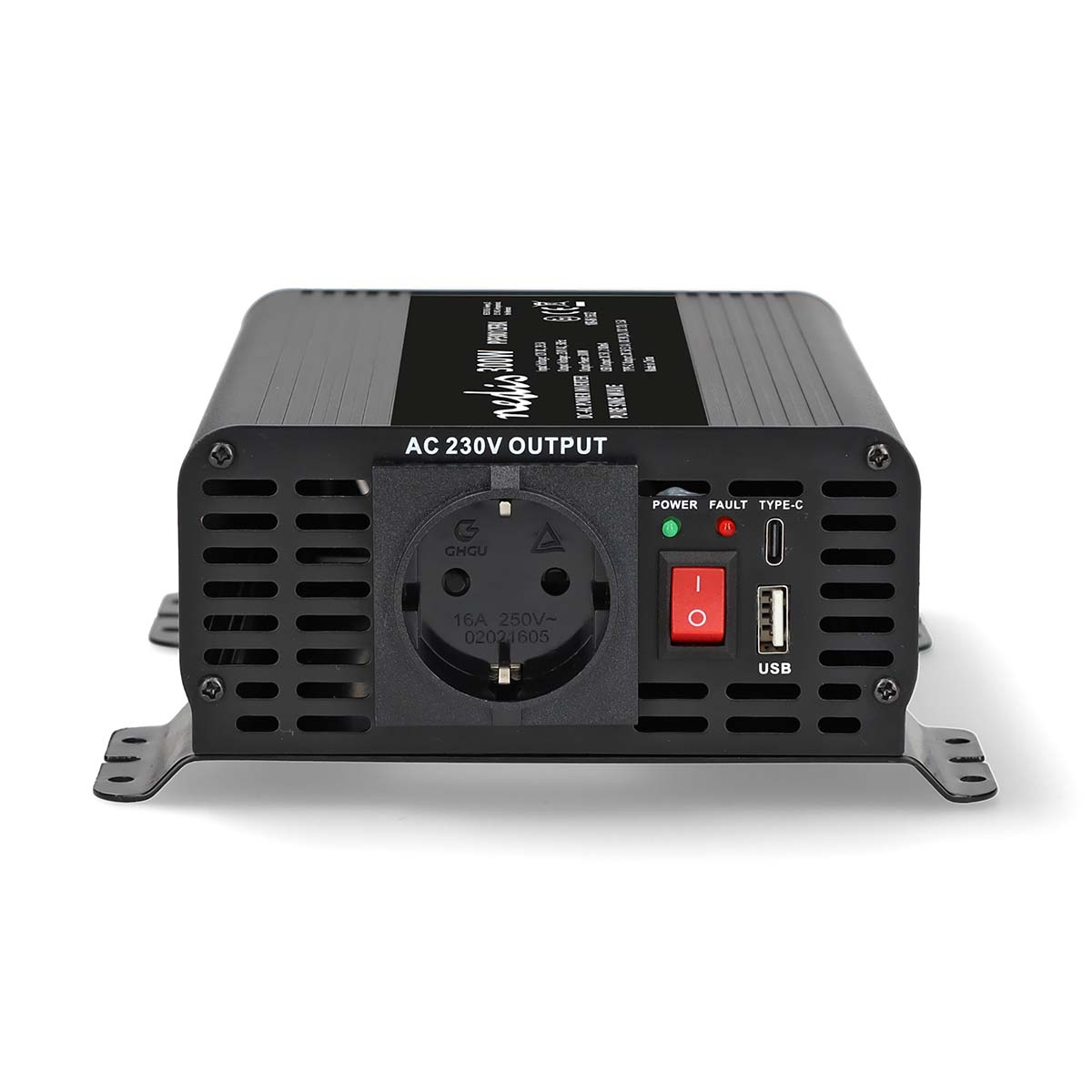 Zwarte omvormer met AC 230V-uitgang, een aan/uit-knop, een USB-poort en statuslampjes.