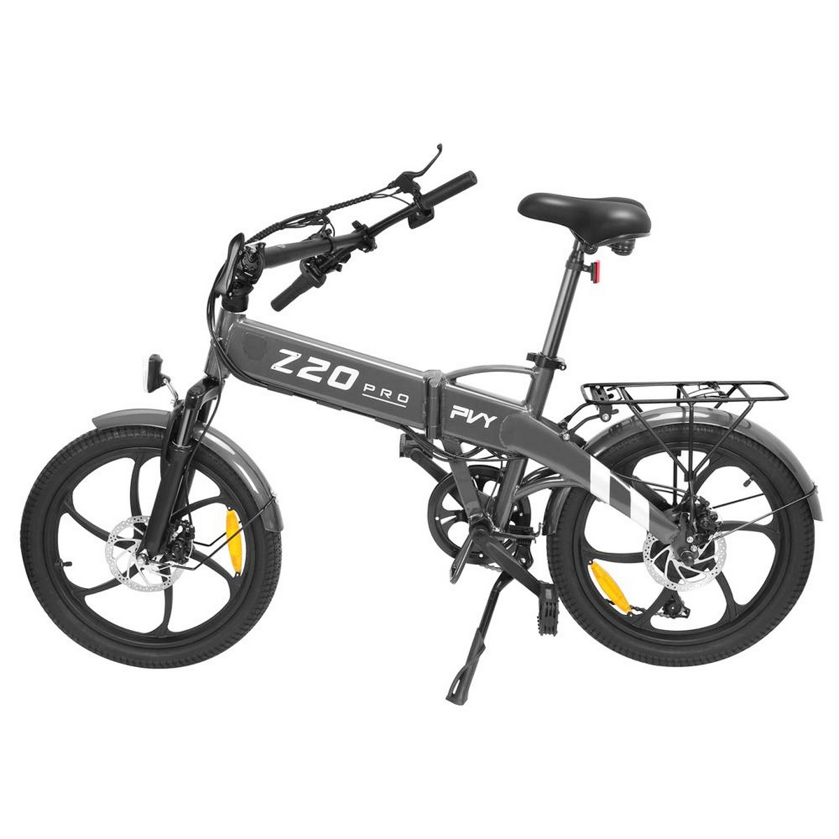 Una bicicletta elettrica pieghevole Z20 PRO grigia, vista laterale, su sfondo bianco.