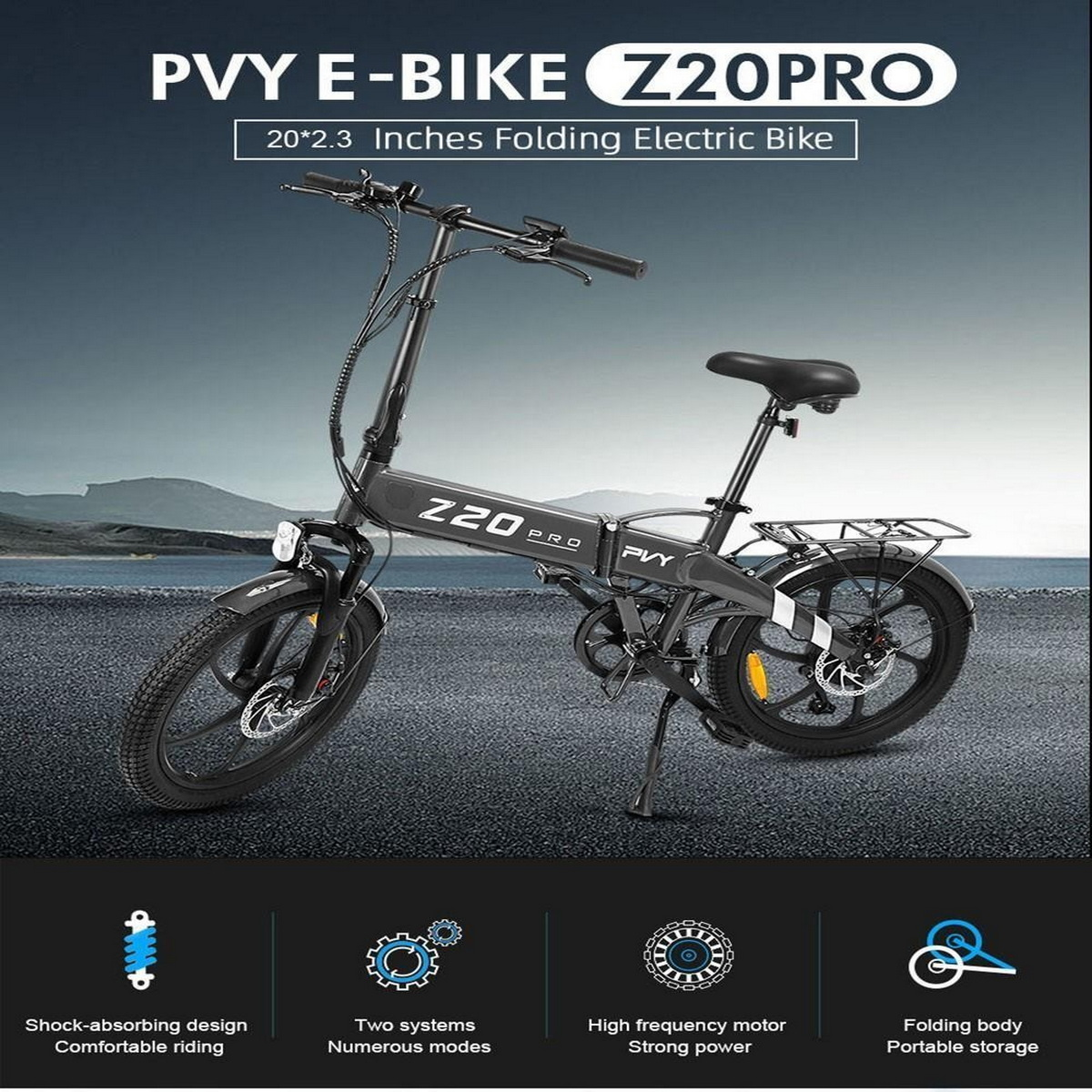 Bicicletta elettrica pieghevole nera con elementi di design blu. Ha una sella nera e due pneumatici.