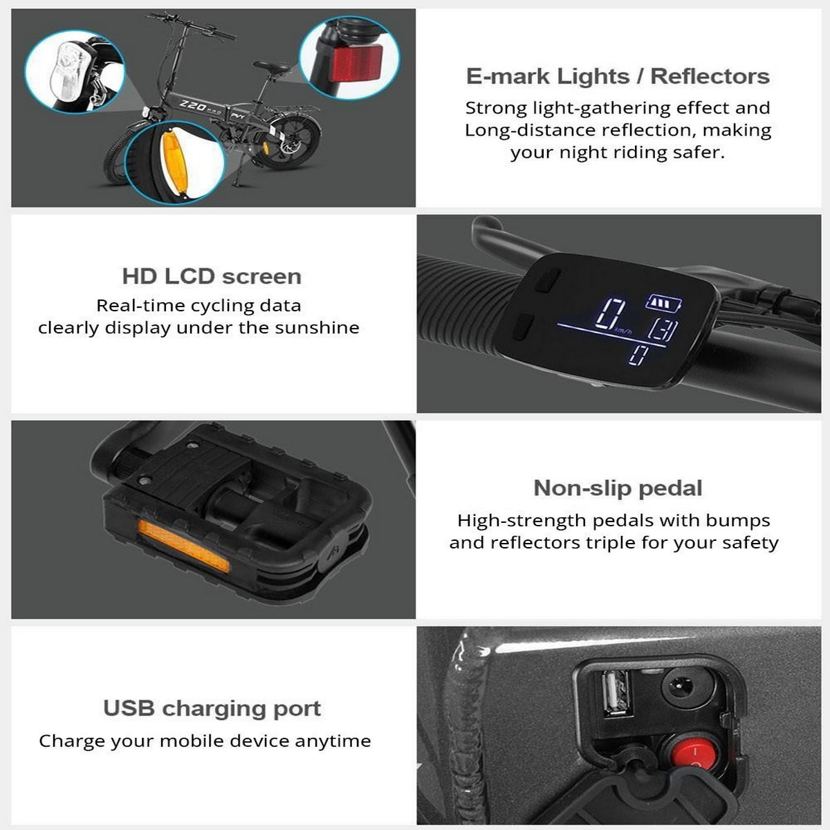 Collage con dettagli sulle caratteristiche di una bici elettrica nera e argento: luci, schermo LCD, pedali, porta USB.