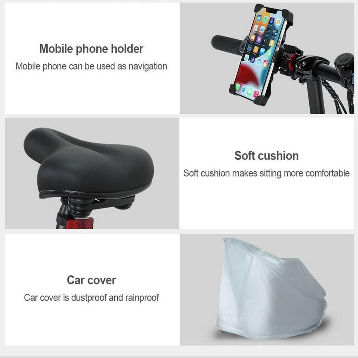 Supporto per telefono cellulare, cuscino morbido e telo auto, con sovrapposizione di testo.