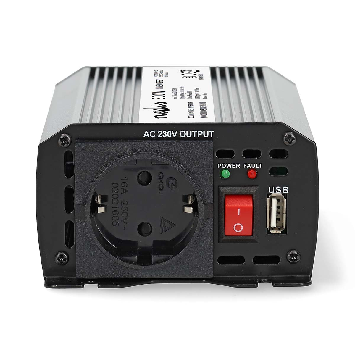 Zwarte omvormer met aan/uit-knop, stopcontacten en USB-poort. Witte achtergrond.
