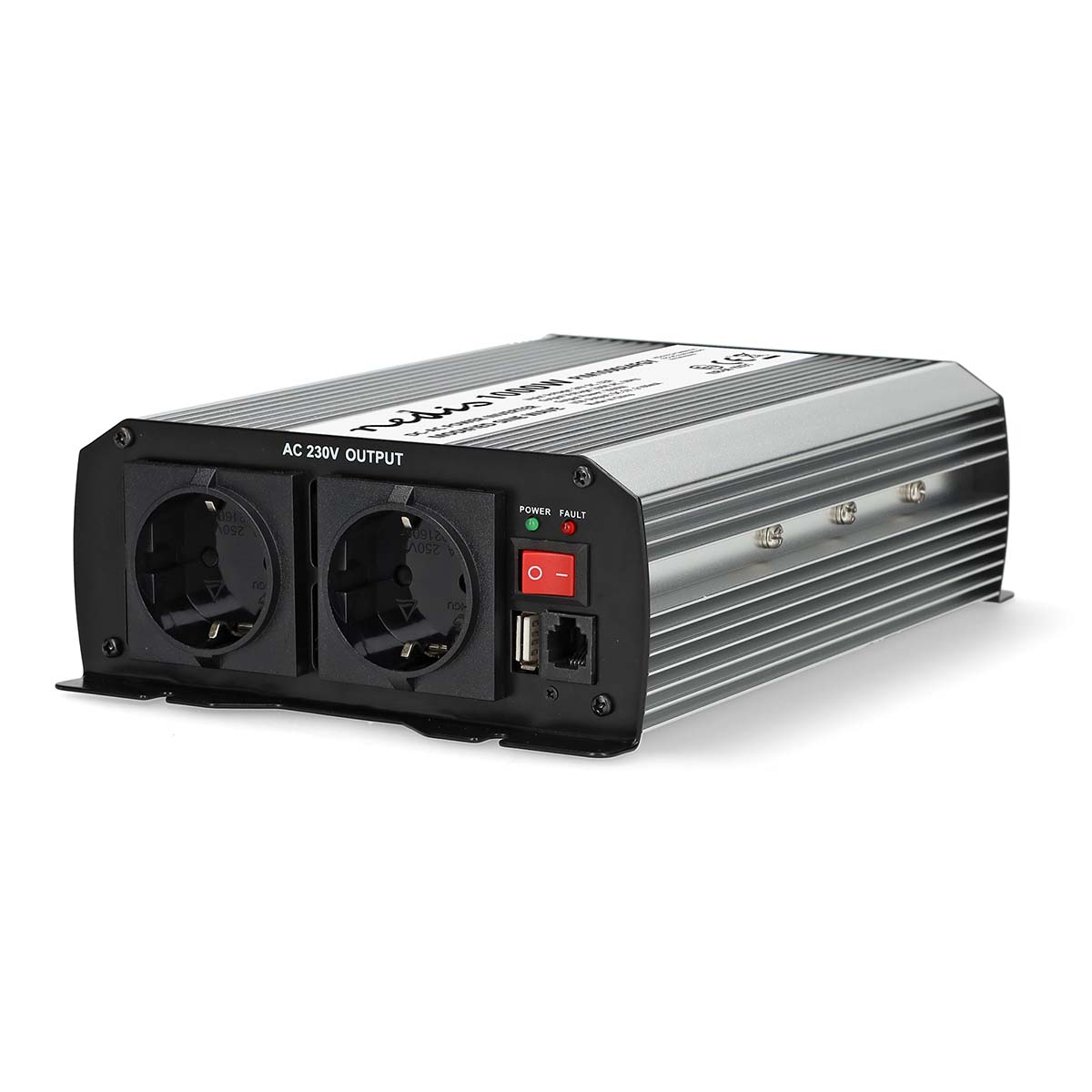 Zwarte en zilveren AC 230V uitgangsinverter. Voorzien van stroom- en foutindicatoren, USB- en RJ45-poorten.