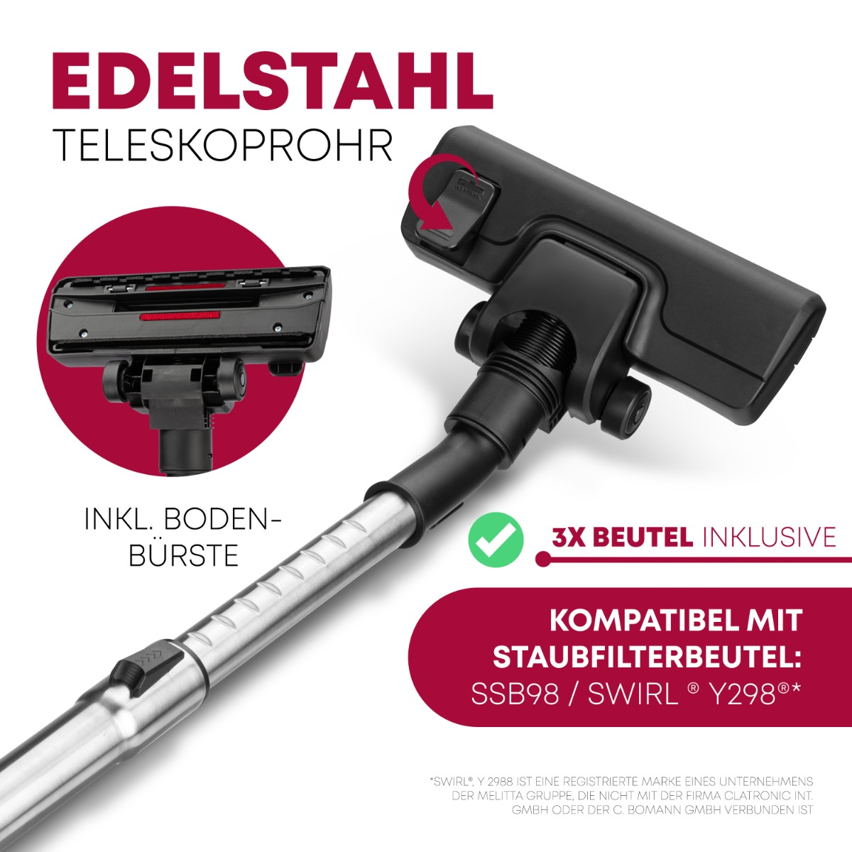 Głowica odkurzacza z tekstem i diagramami, w tym 'EDELSTAHL' i '3X BEUTEL'.