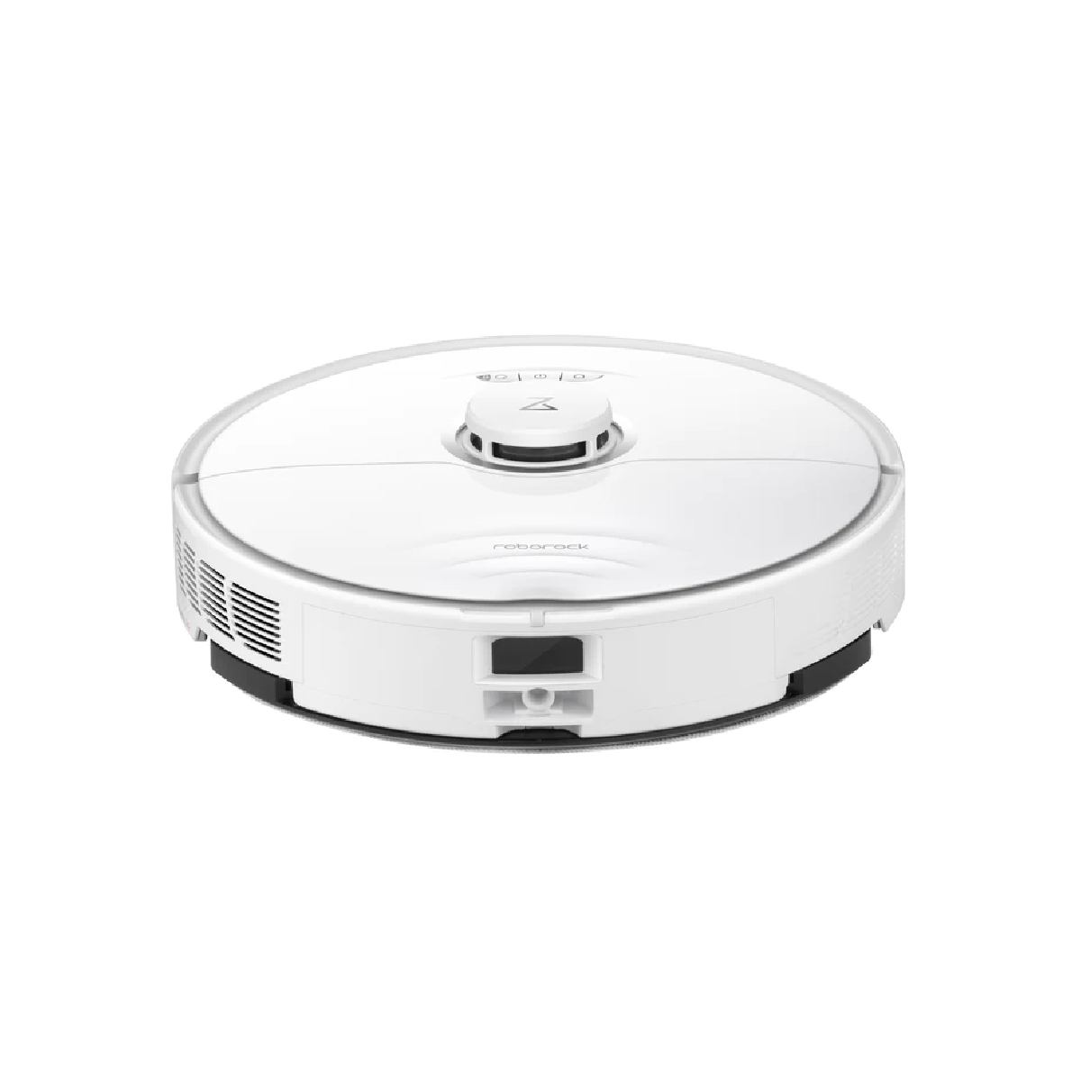 Weißer Roborock-Roboterstaubsauger, der Details von oben und der Seite zeigt.