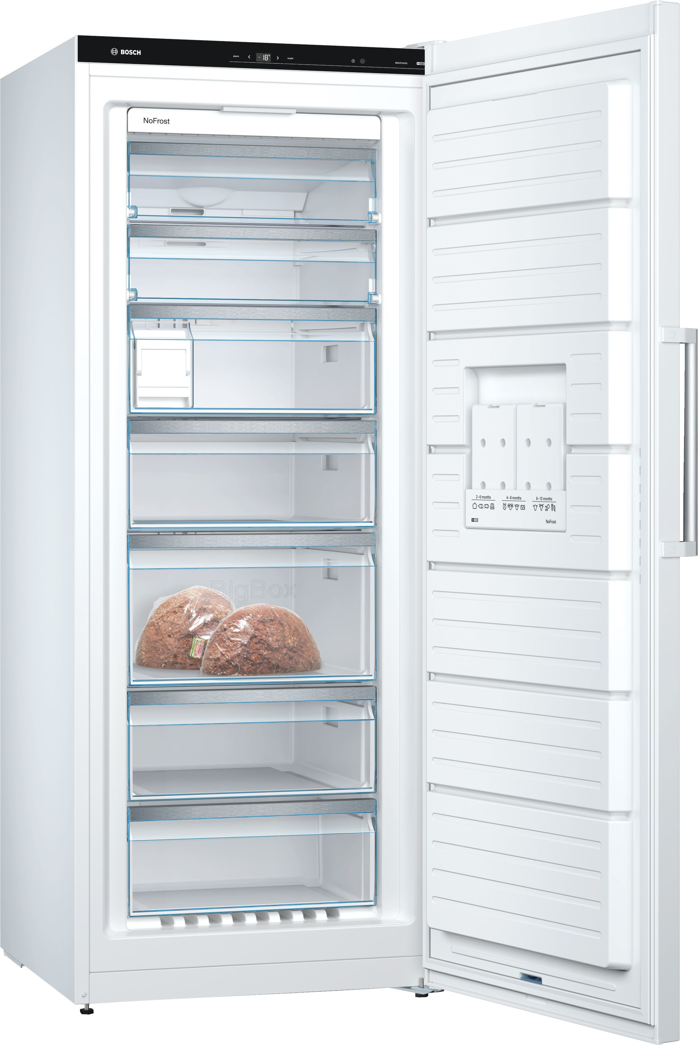 Witte koelkast met open deur. Transparante lades met eten. Bosch logo bovenop.