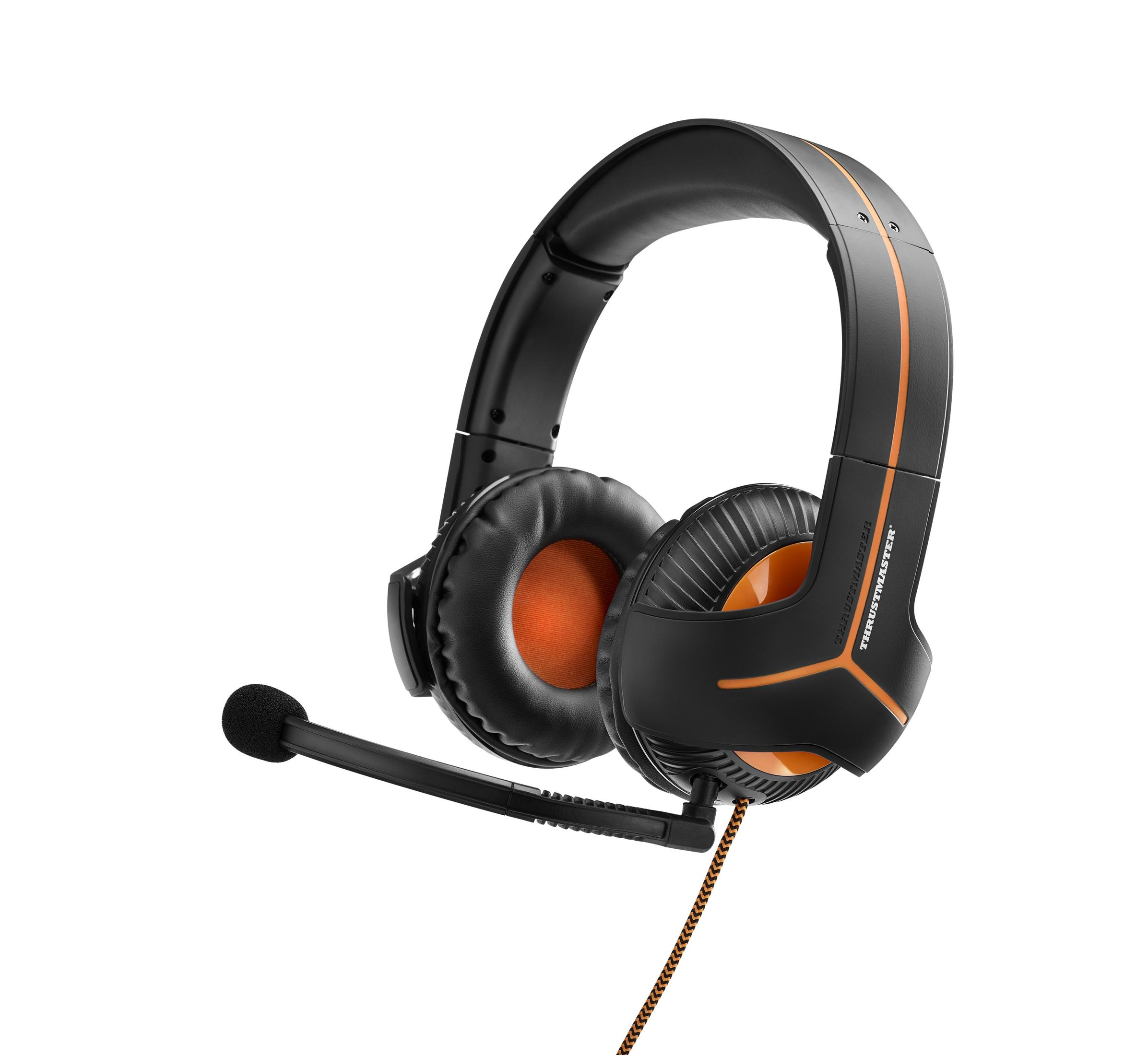 Cuffie da gioco nere e arancioni con microfono, su sfondo bianco.