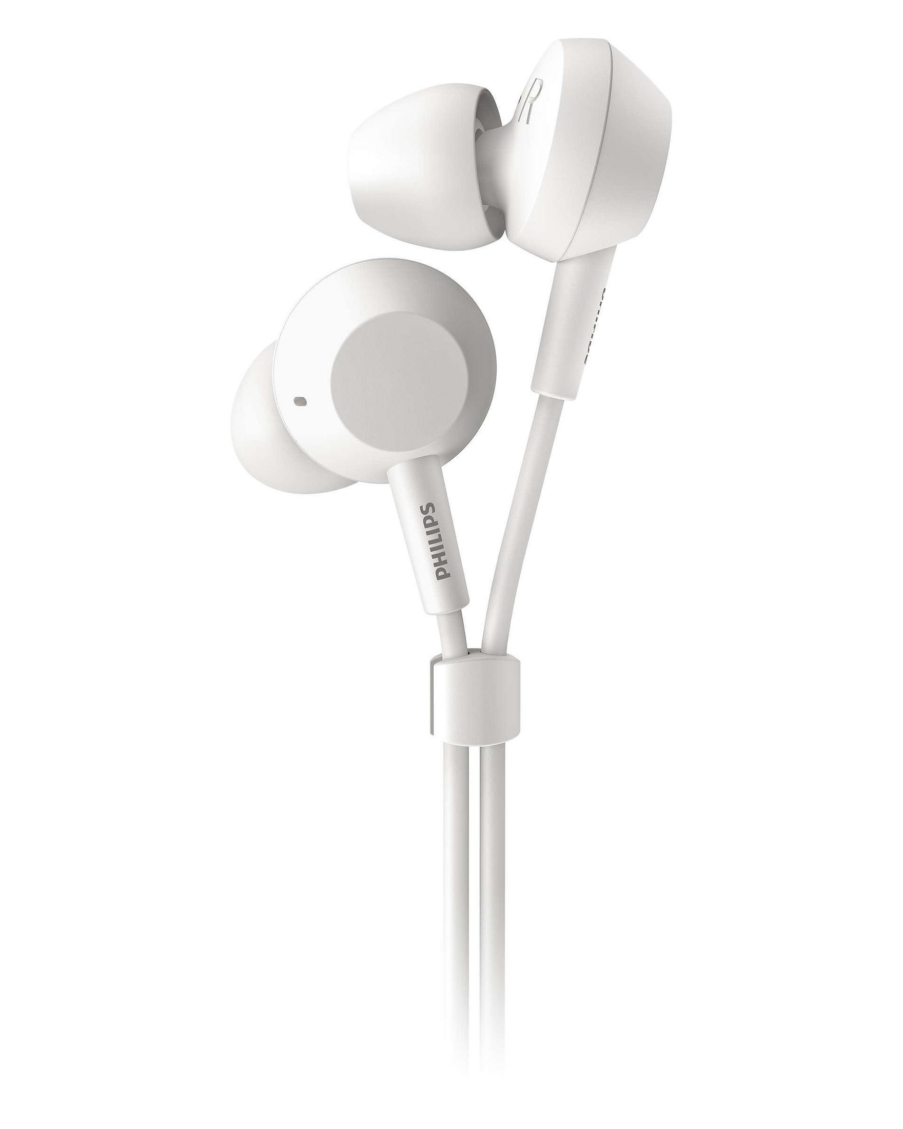 Kablolu beyaz kulak içi kulaklıklar. Philips logosu görünür.