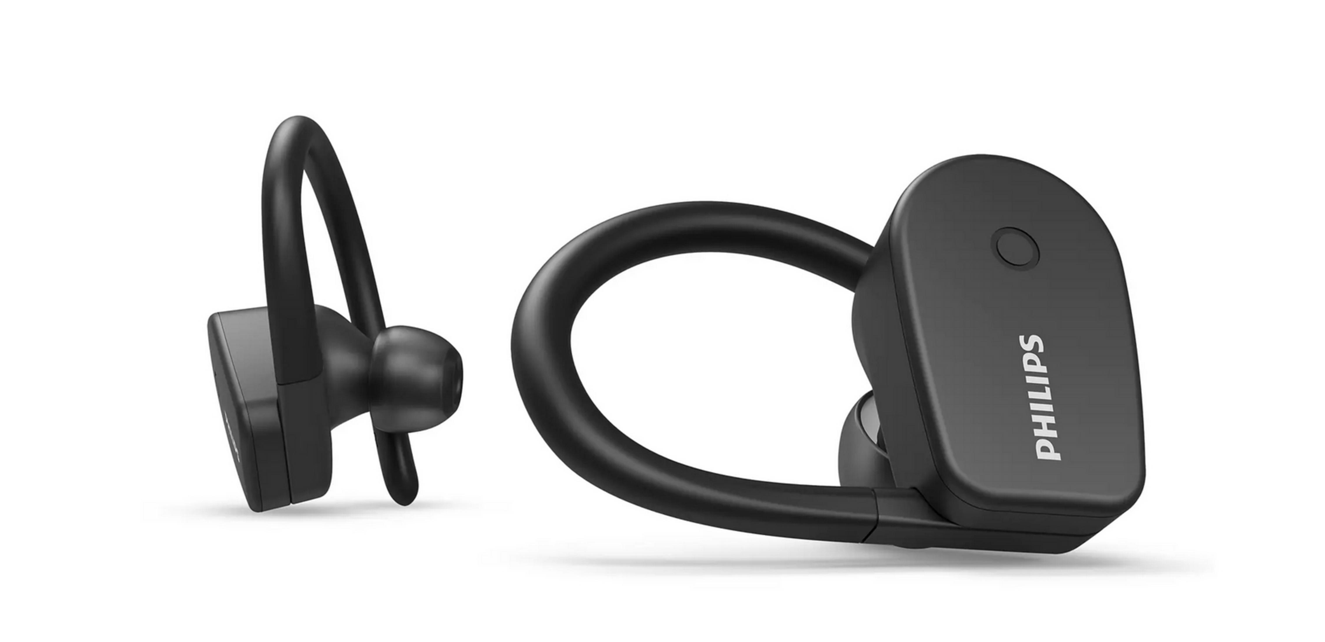 Czarne bezprzewodowe słuchawki z zaczepami na uszy, na białej powierzchni.