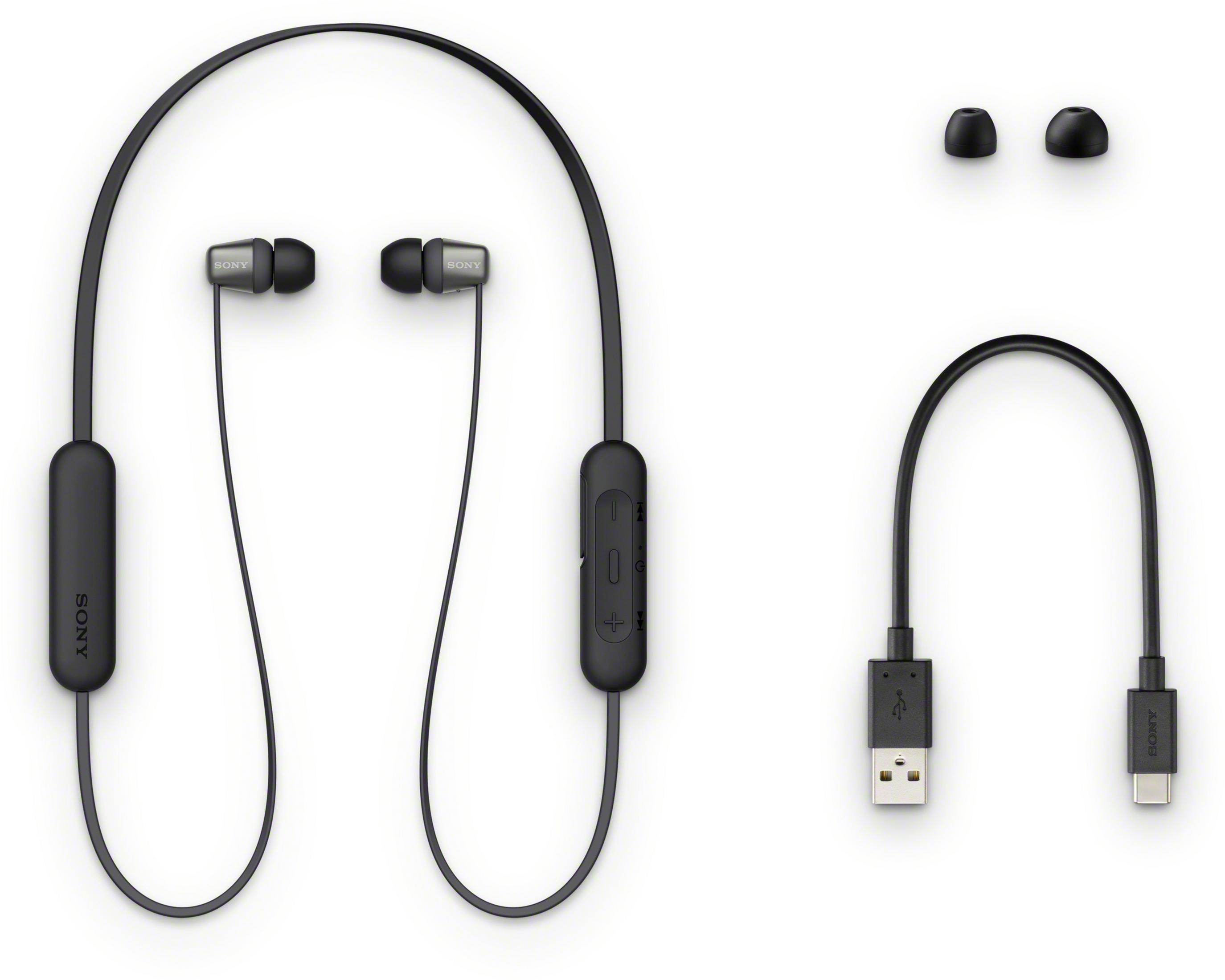 Czarne słuchawki Sony z pałąkiem na szyję, dodatkowe wkładki douszne i kabel USB.