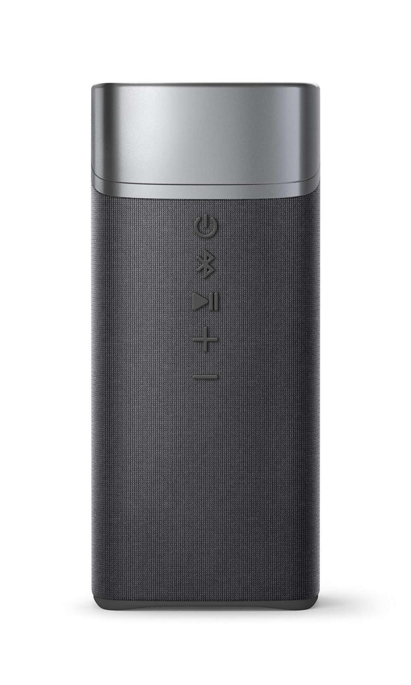 Un altoparlante portatile grigio scuro con una copertura in rete e pulsanti di controllo.