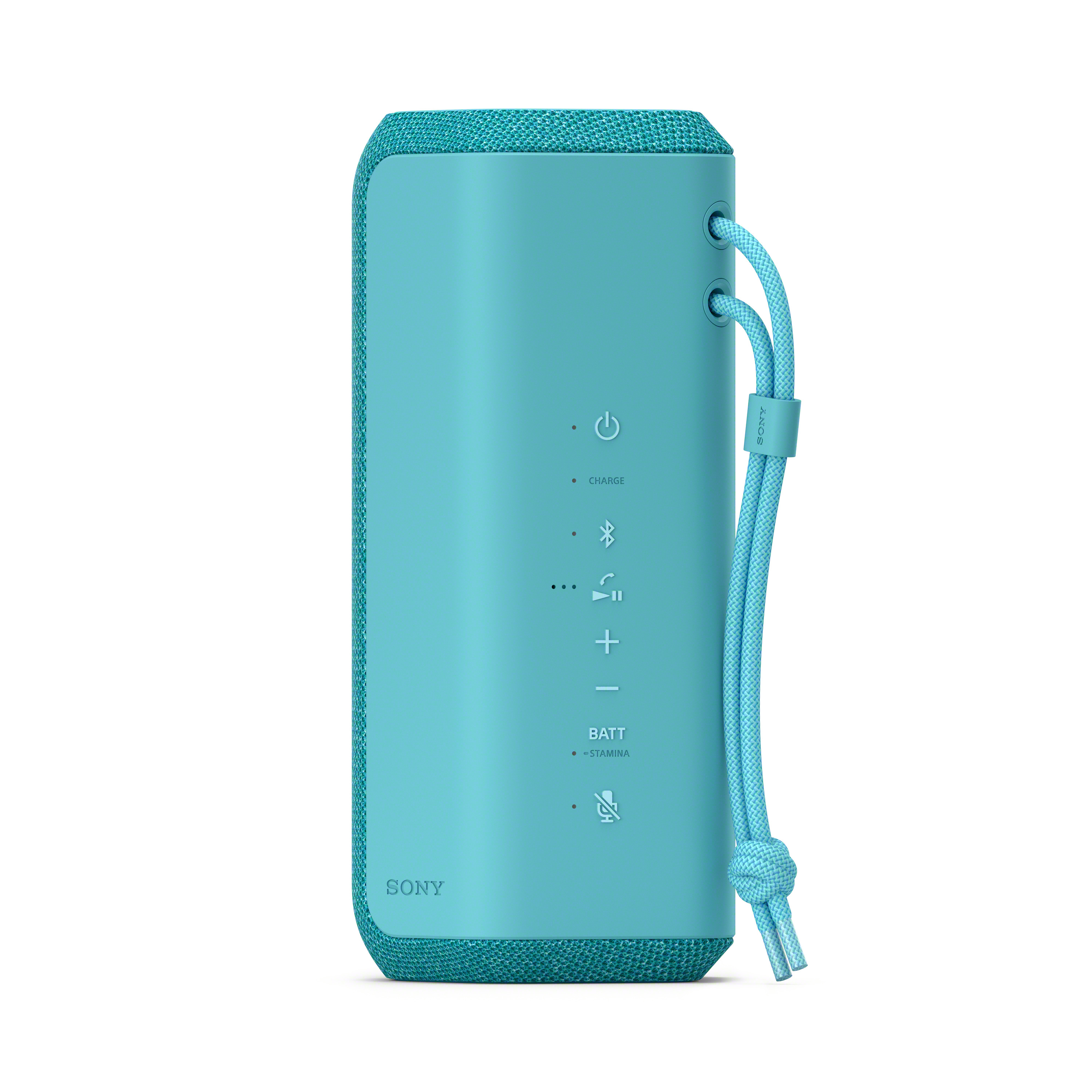 Un altavoz portátil azul turquesa con botones, un asa y un cable azul. Tiene un pequeño micrófono.