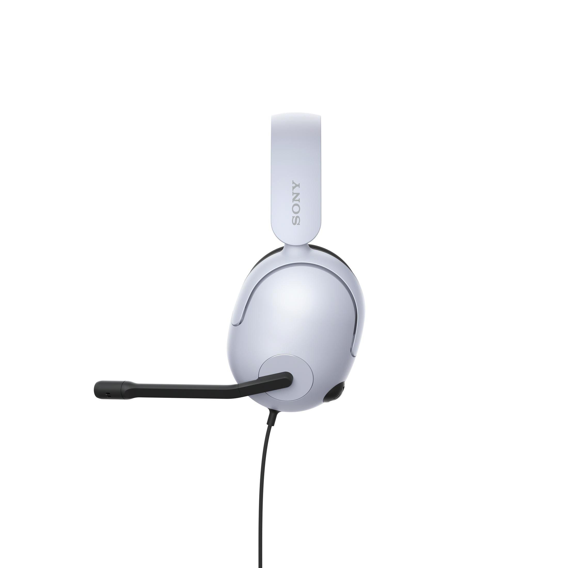 Cuffie Sony bianche con microfono nero. Le cuffie sono su sfondo bianco.