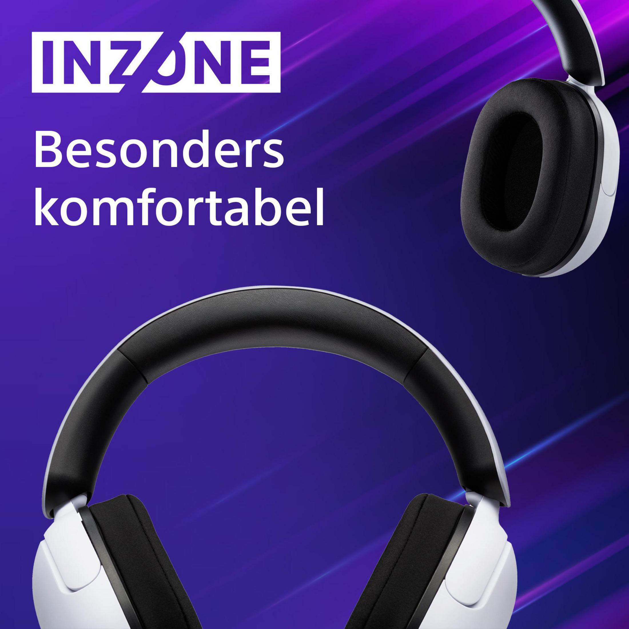 Cuffie bianche con padiglioni e fascia neri. Testo 'INZONE' e 'Besonders komfortabel', su sfondo blu.