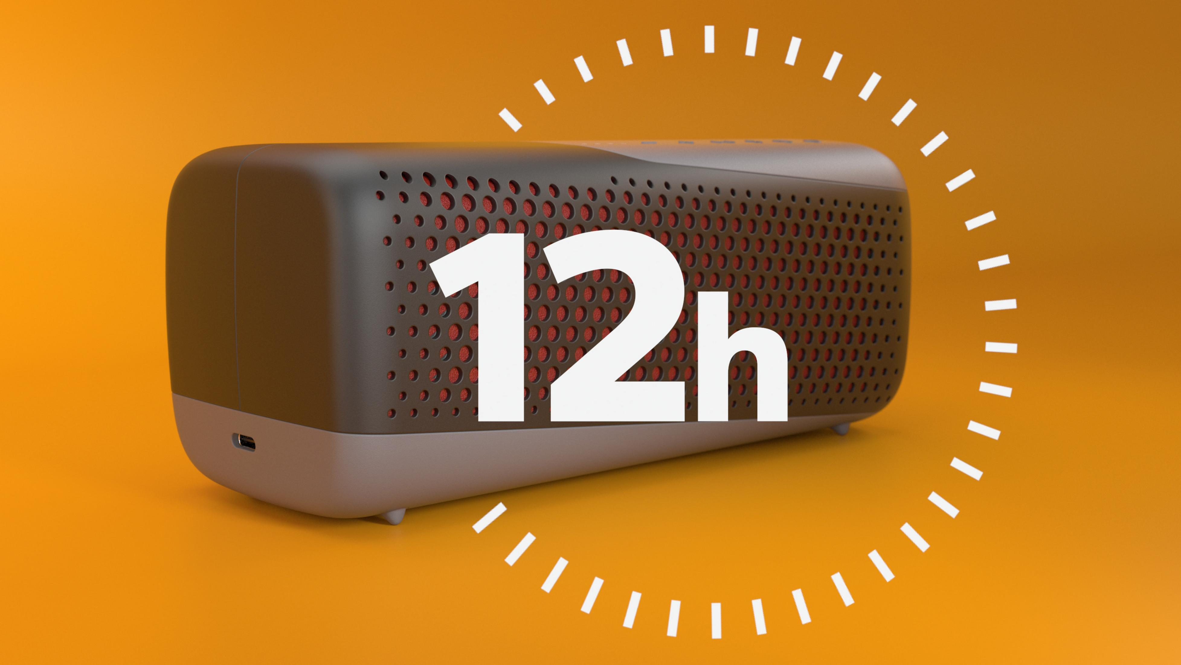 Pomarańczowe tło z głośnikiem. Głośnik ma na powierzchni liczbę 12h.