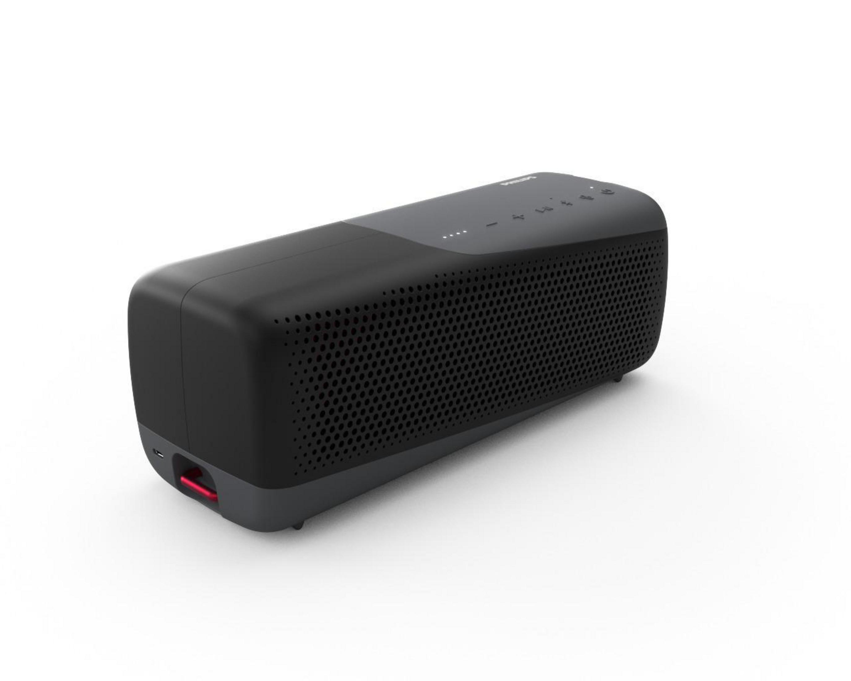 Czarny prostokątny głośnik z siatką, przyciskami na górze i czerwonym akcentem na dole.