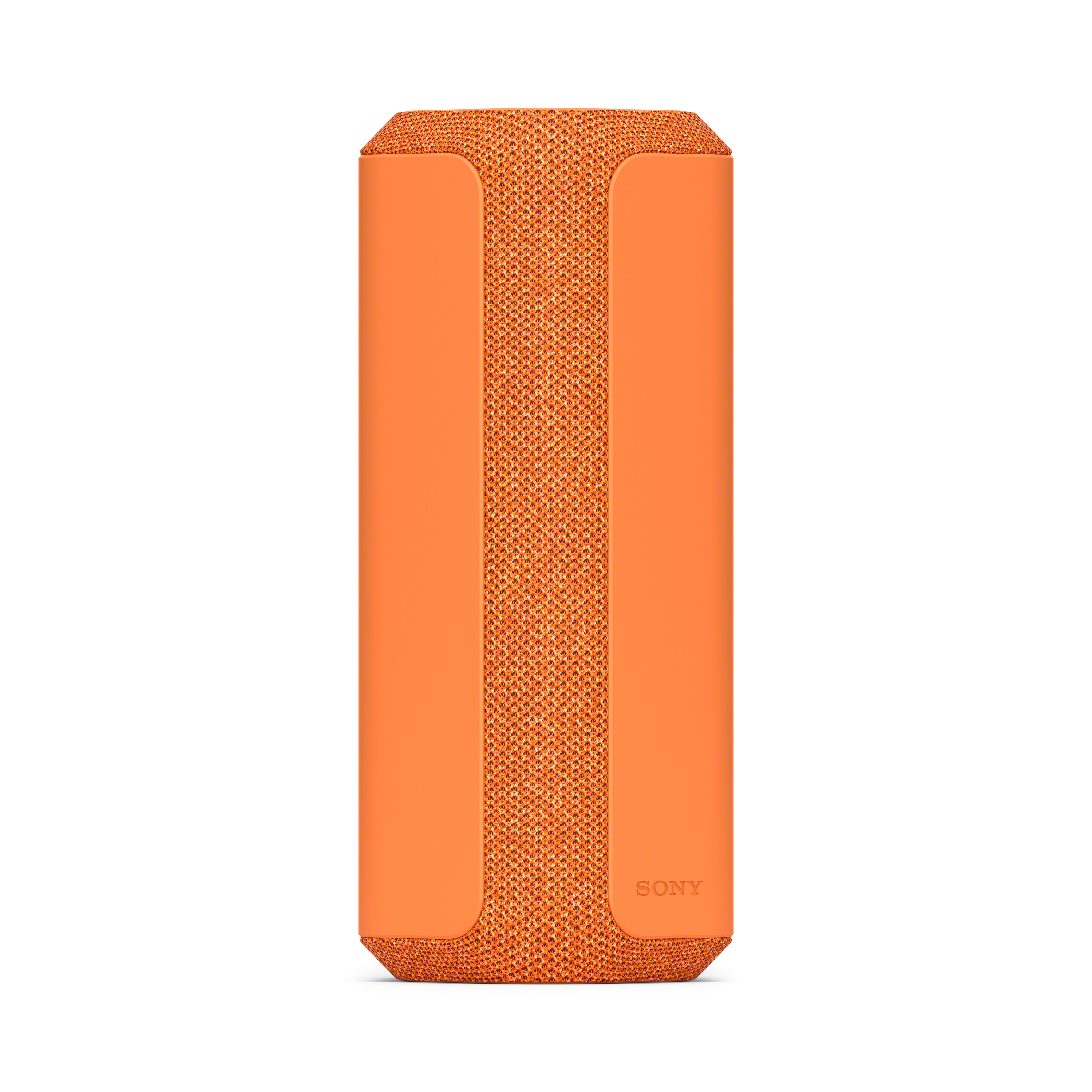 Altoparlante arancione con un design a rete. Ha una forma cilindrica e il logo Sony sul davanti.