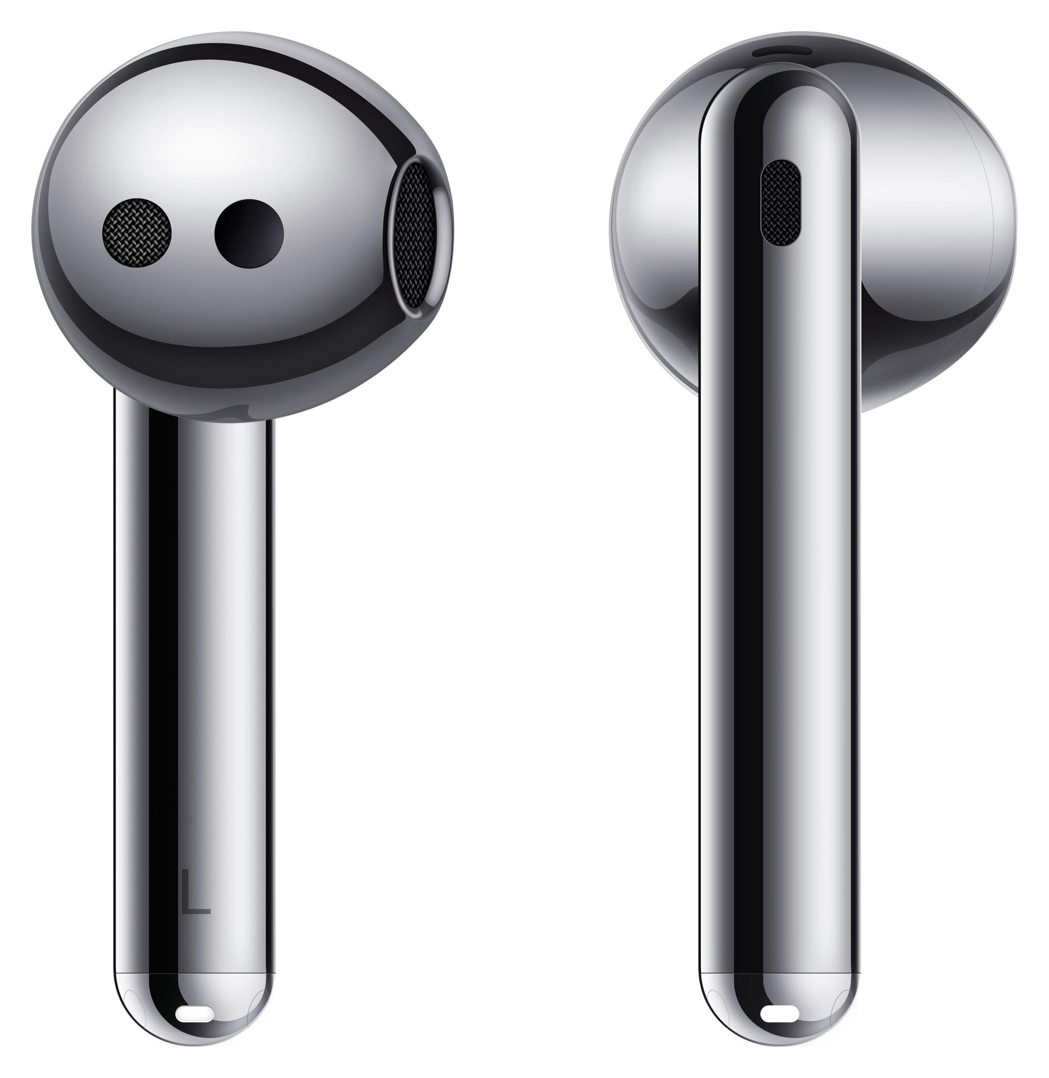 Dos auriculares plateados, diseño elegante, aislados sobre fondo blanco.