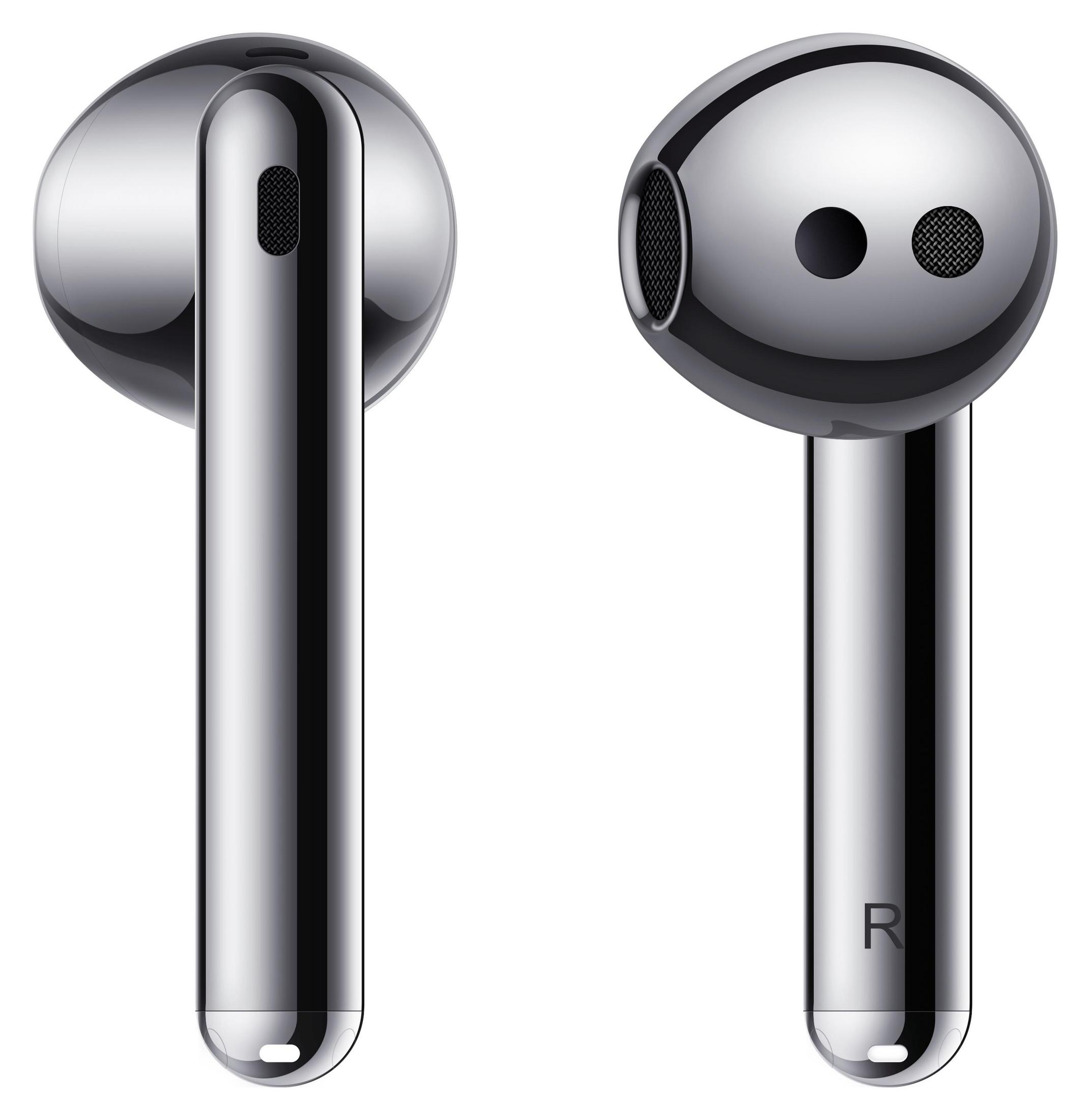 Dos auriculares inalámbricos plateados, cada uno con un tallo largo, sobre fondo blanco.