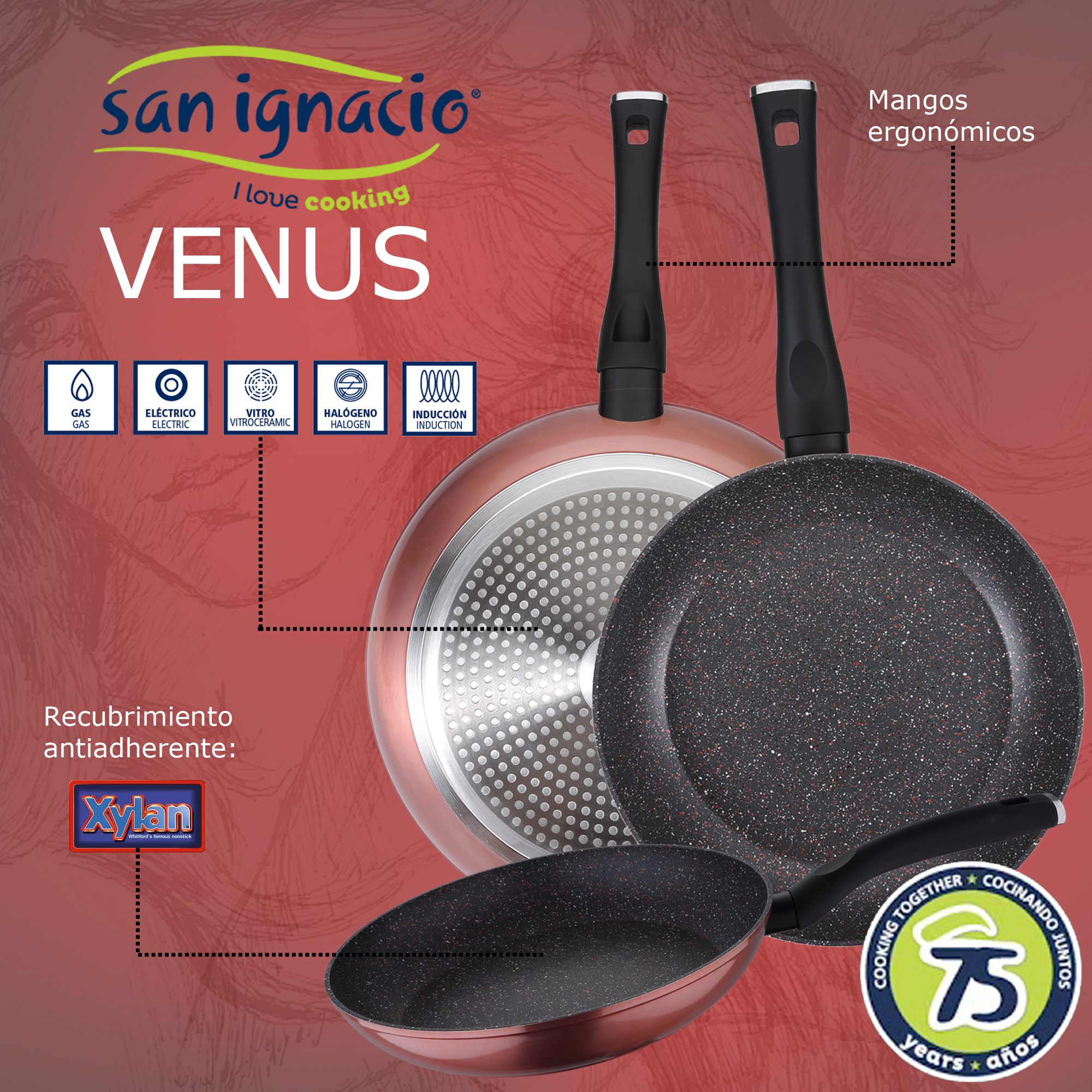 La imagen muestra sartenes Venus con mangos ergonómicos. Información sobre el uso de gas, eléctrico e inducción.