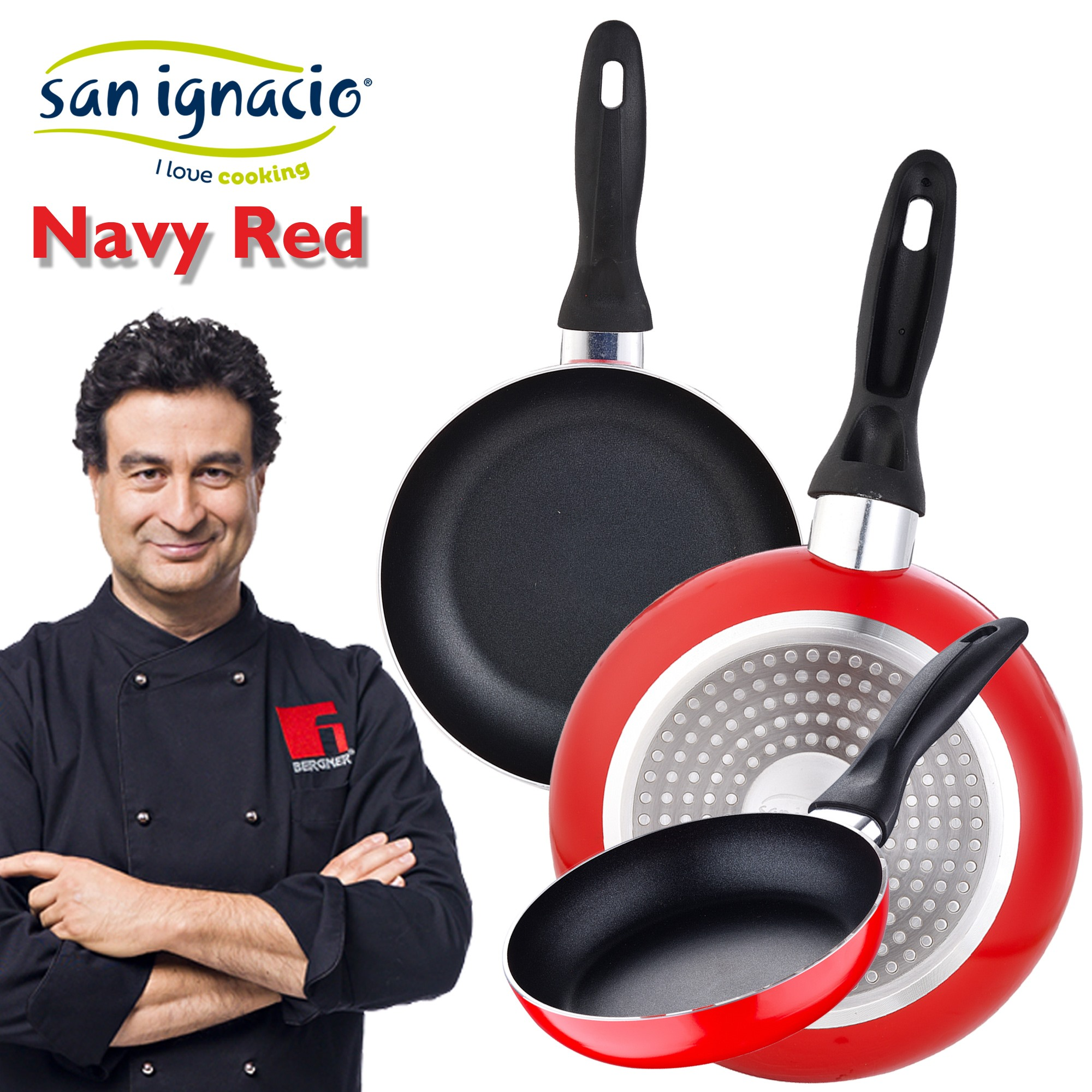 Chef con uniforme negro y sartenes rojas, logo arriba izquierda.