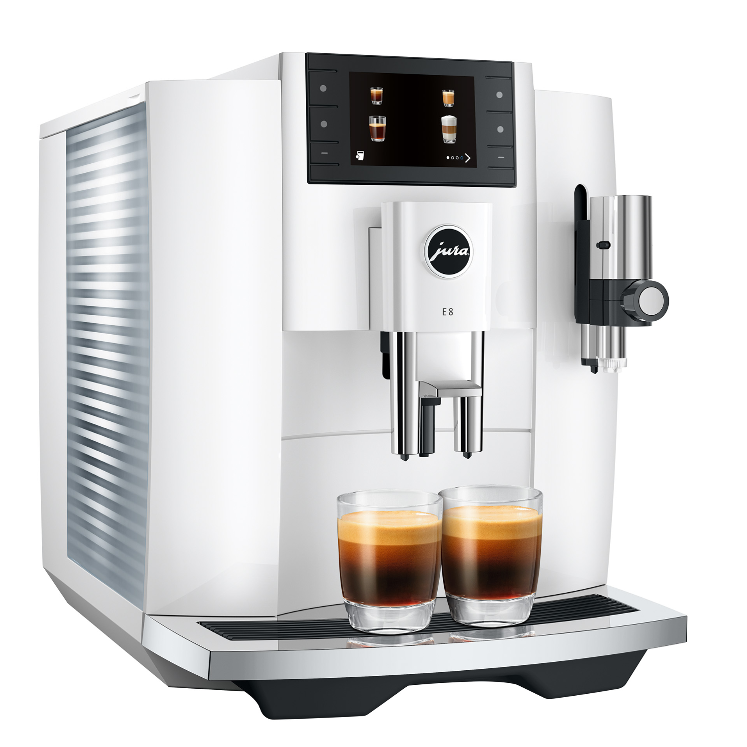 Weiße Jura E8 Kaffeemaschine mit zwei Kaffeegläsern. Hat Touchscreen-Display.