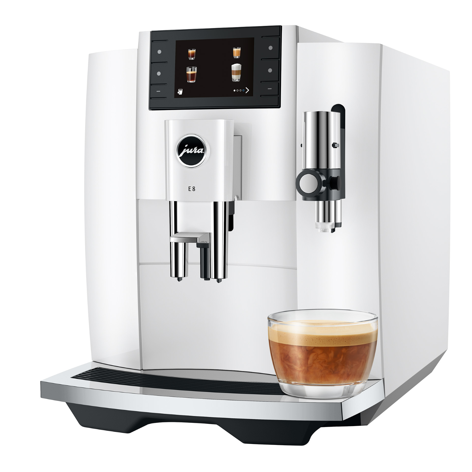 Weiße Jura E8 Kaffeemaschine. Glas Kaffee davor. Digitaler Bildschirm oben.