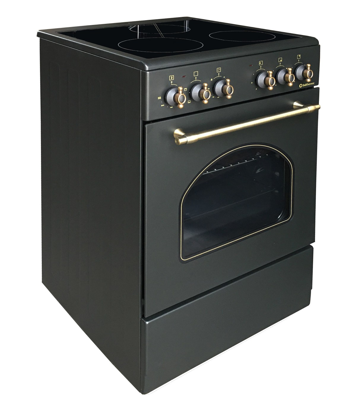 Horno negro con perillas de latón, cuatro quemadores y un cajón de almacenamiento.