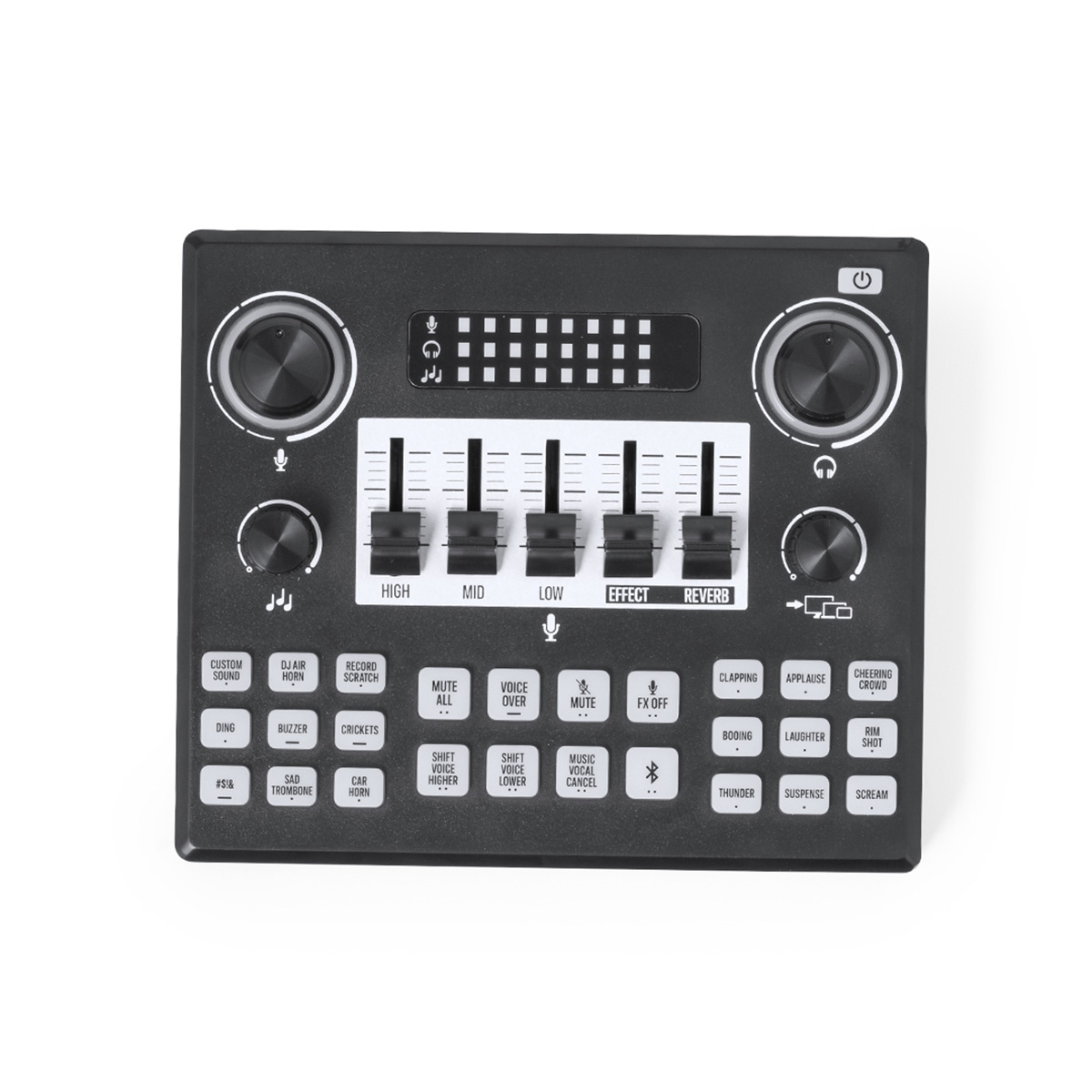 Un mezclador de sonido negro con botones, deslizadores y efectos etiquetados.