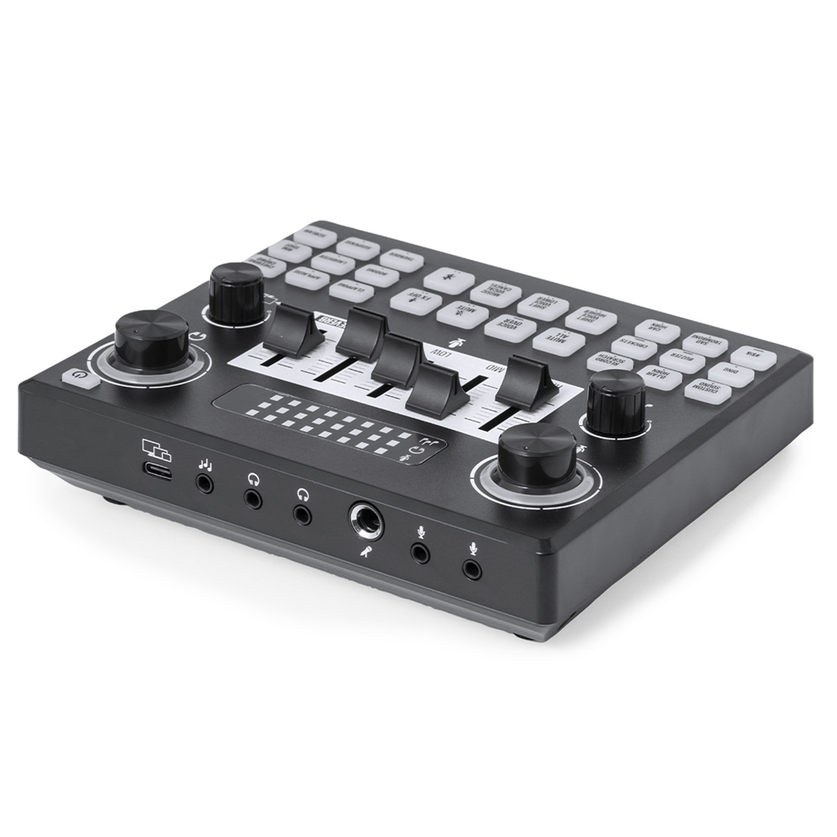 Un mezclador de audio negro con perillas, faders y botones.