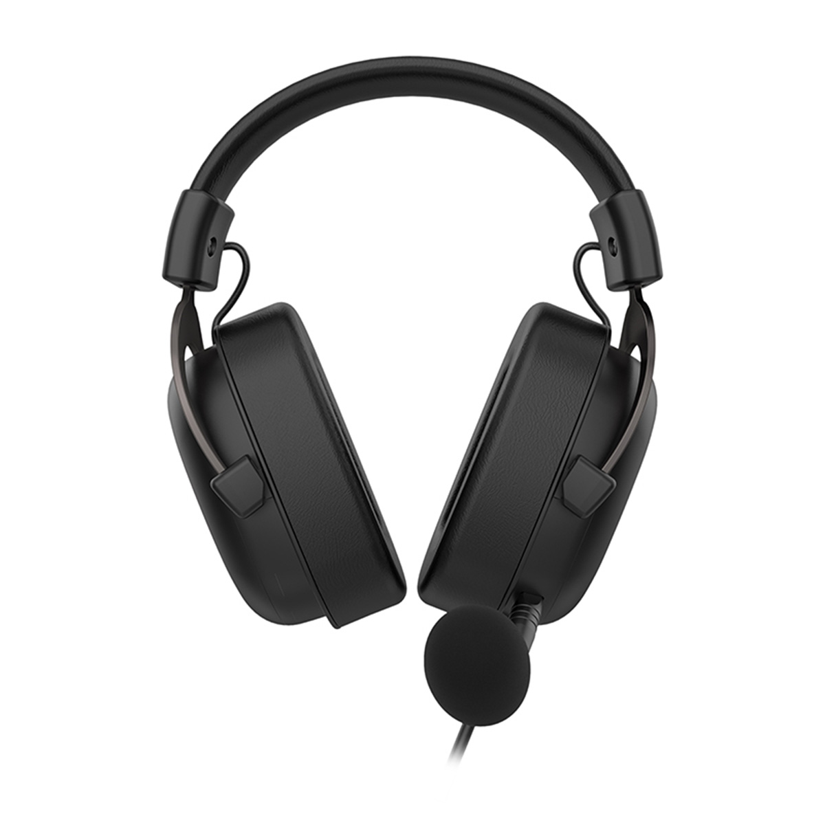 Auriculares gaming negros con micrófono sobre fondo blanco.