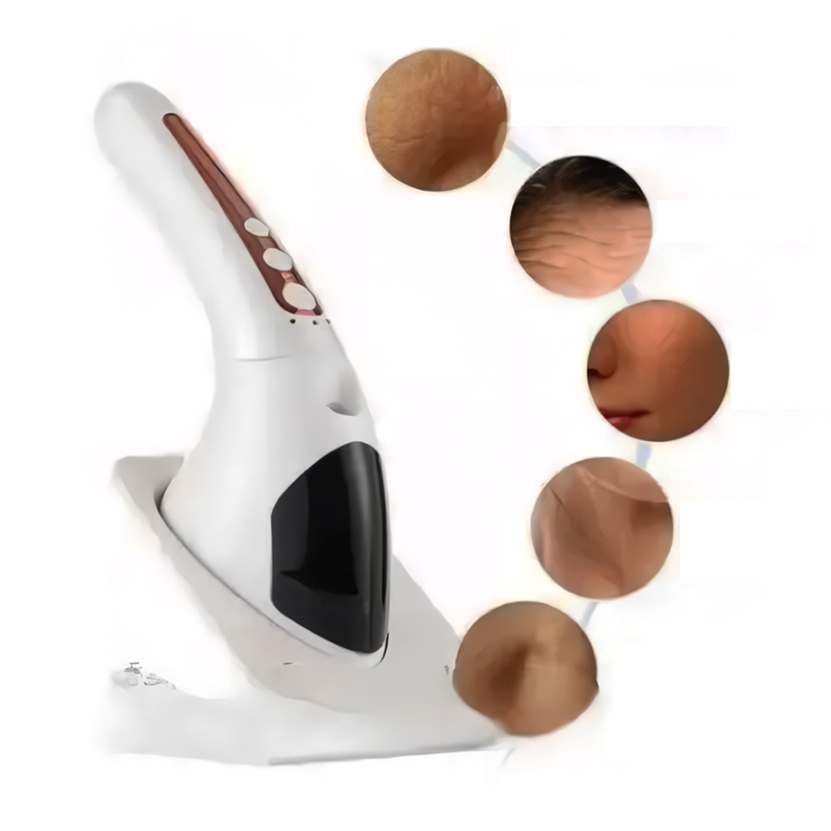Dispositivo de belleza blanco y primeros planos de piel mostrando arrugas. Aislado sobre blanco, estética científica.