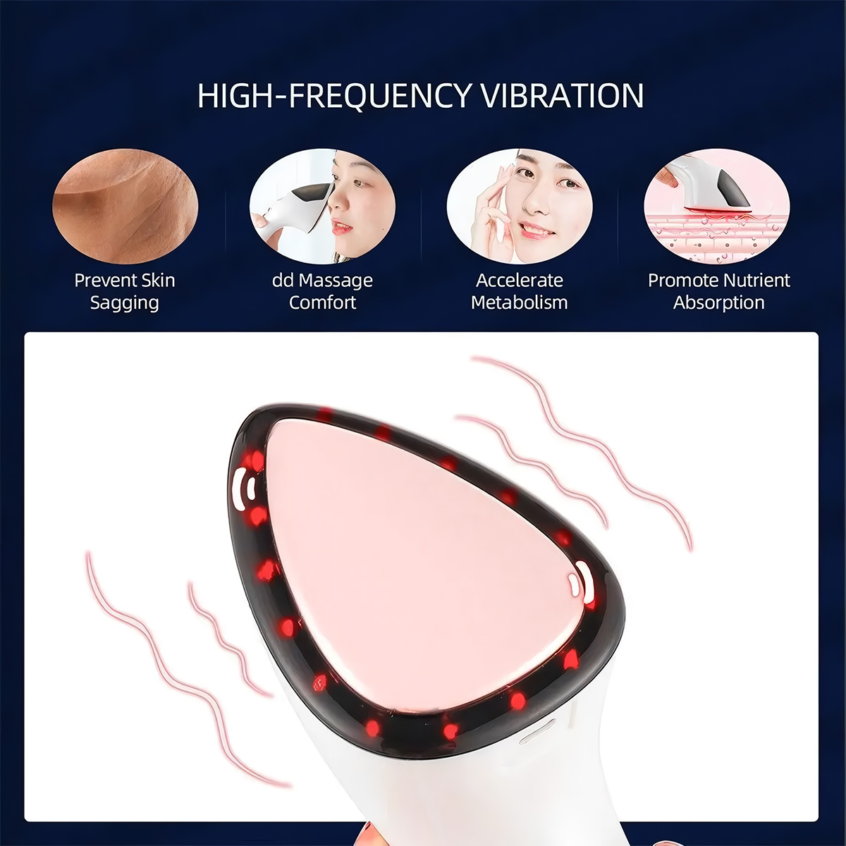 Primer plano de un dispositivo de masaje facial con luces rojas y cuatro imágenes que ilustran beneficios.