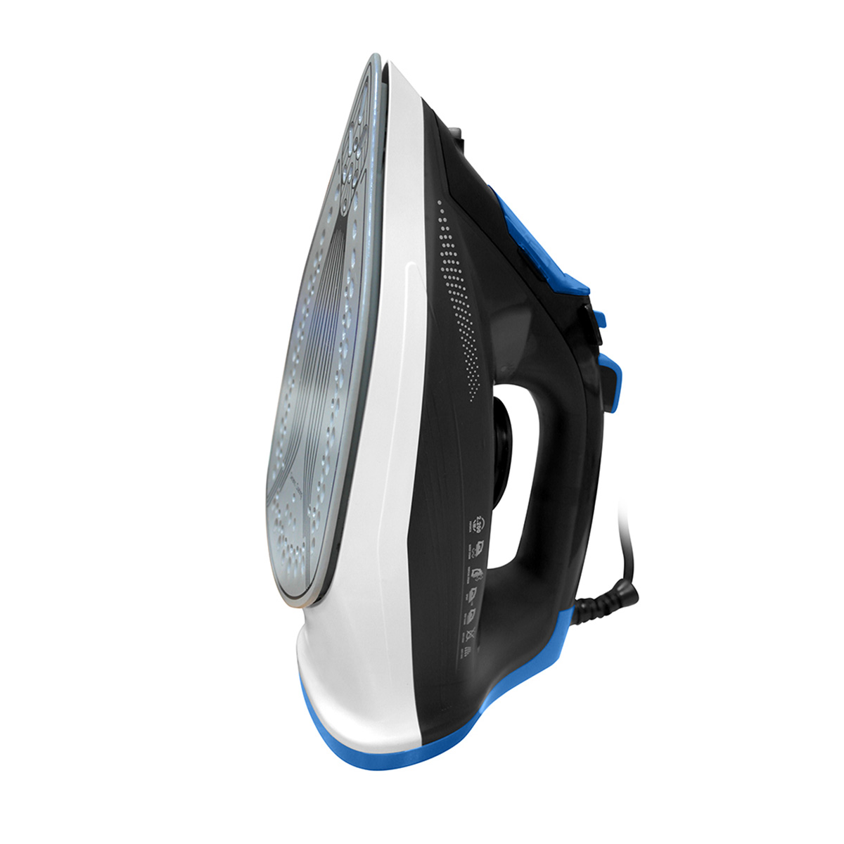 Una plancha, con cuerpo negro y blanco, detalles azules y suela plateada.