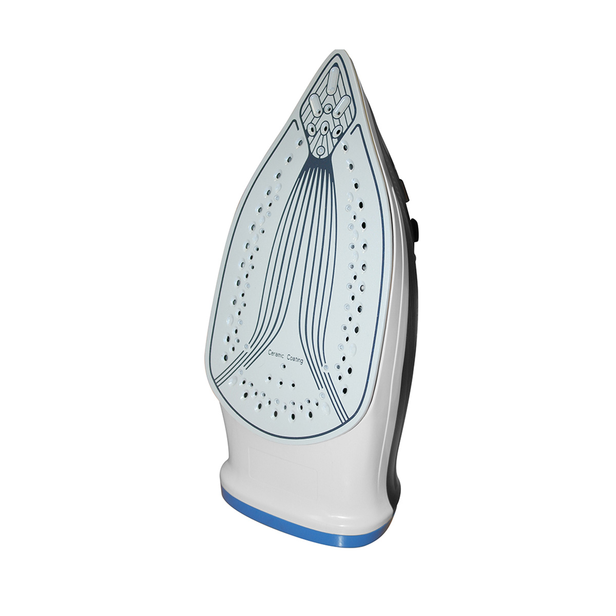 Plancha blanca con base azul. La plancha tiene un revestimiento cerámico y un diseño en la parte inferior.