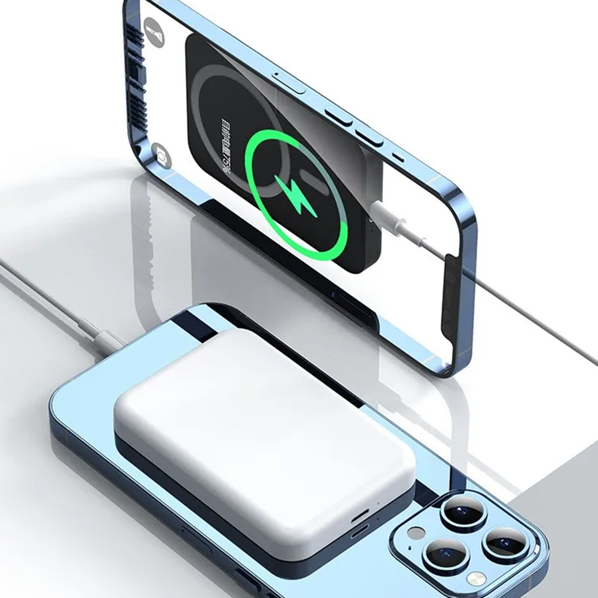 Teléfono azul con cargador blanco adjunto. Otra imagen del teléfono en la parte superior.