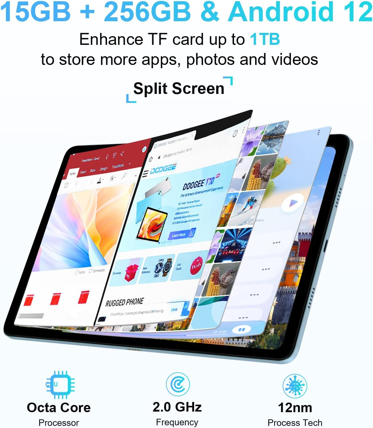 Tablet con più schermate di app. Testo in alto con memoria e versione Android.