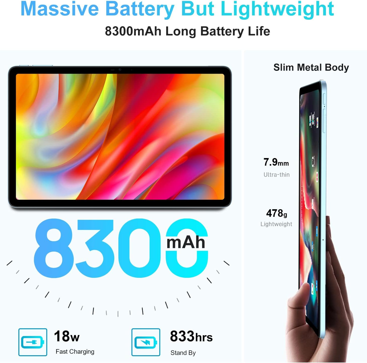Tablet con schermo vibrante. Il testo indica le specifiche della batteria e del tablet. Sfondo bianco.