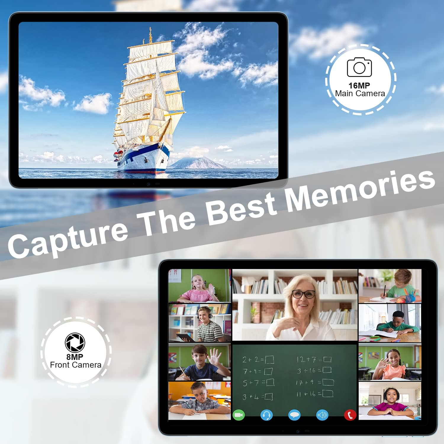 Due tablet. Uno mostra una nave in mare, l'altro una videochiamata con studenti e un insegnante.