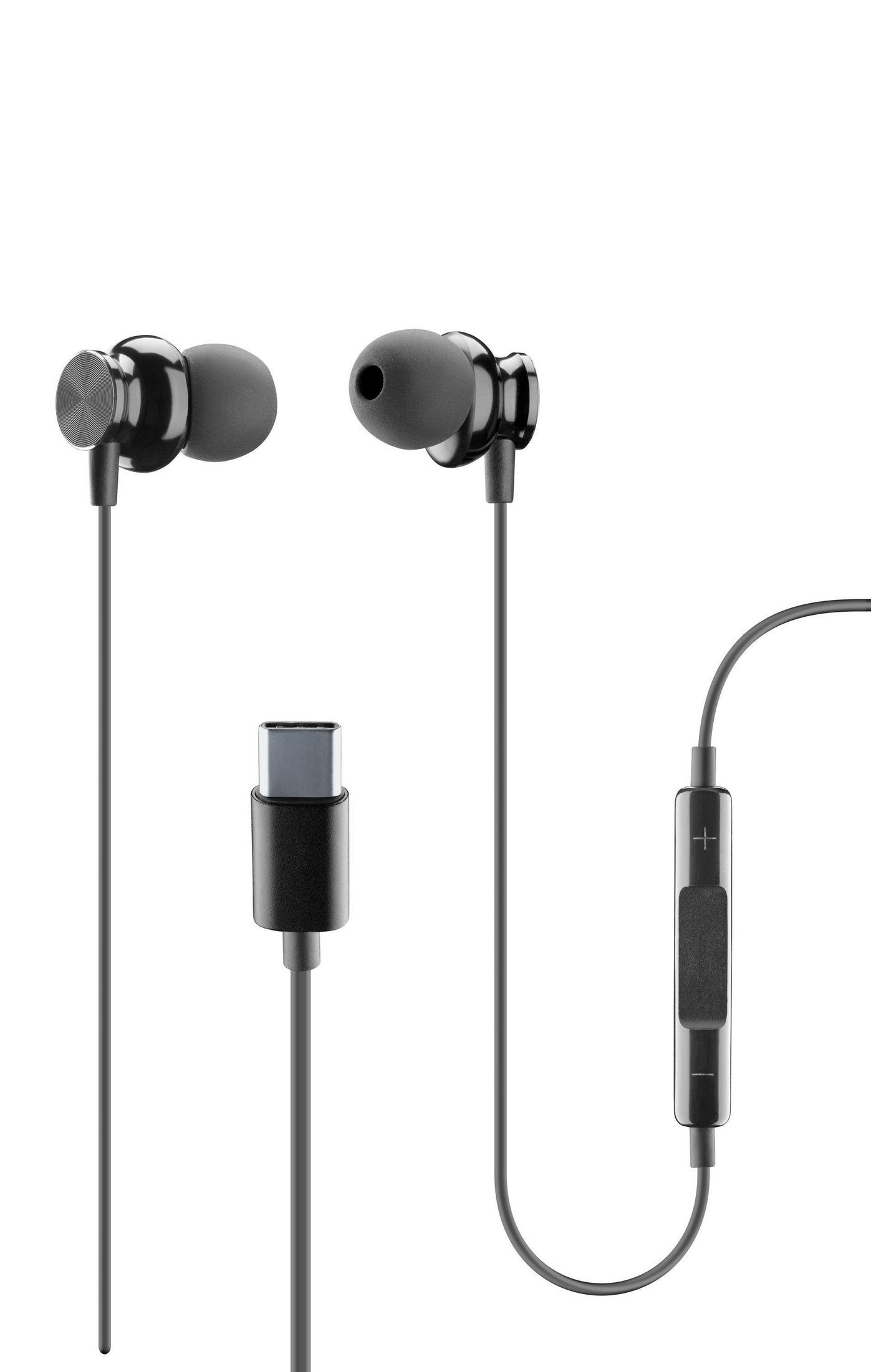 Auriculares negros con conector USB-C y controles en línea. Fondo blanco.