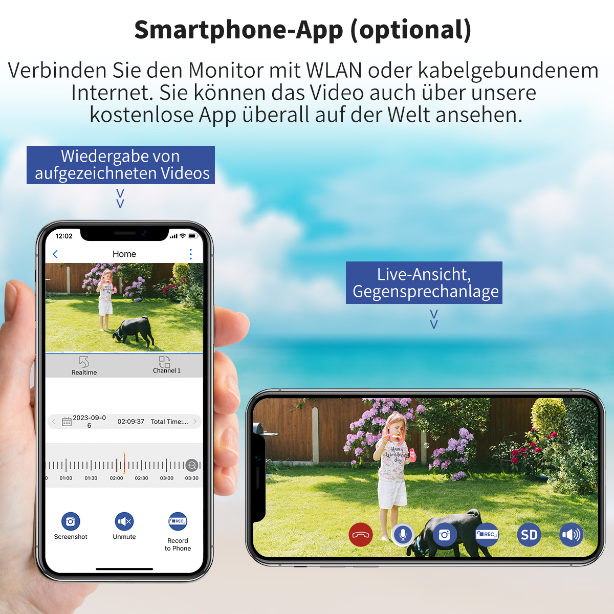 Zwei Smartphones zeigen einen Videoanruf und ein aufgenommenes Video vor Wolkenhintergrund.