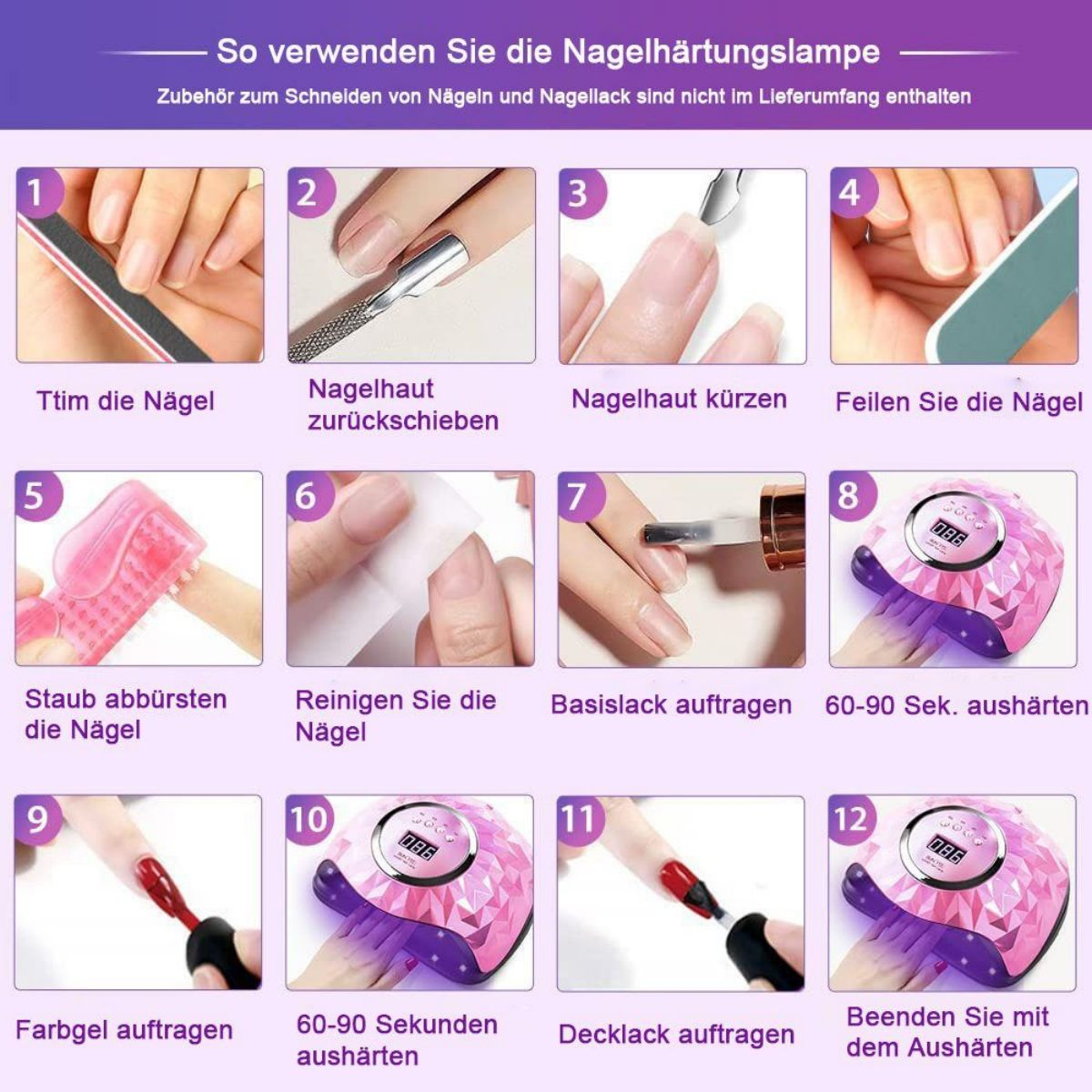 Eine Abfolge von 12 Bildern, die Nagelpflege-Schritte zeigen, vom Feilen bis zum Auftragen von Gel und Aushärten.