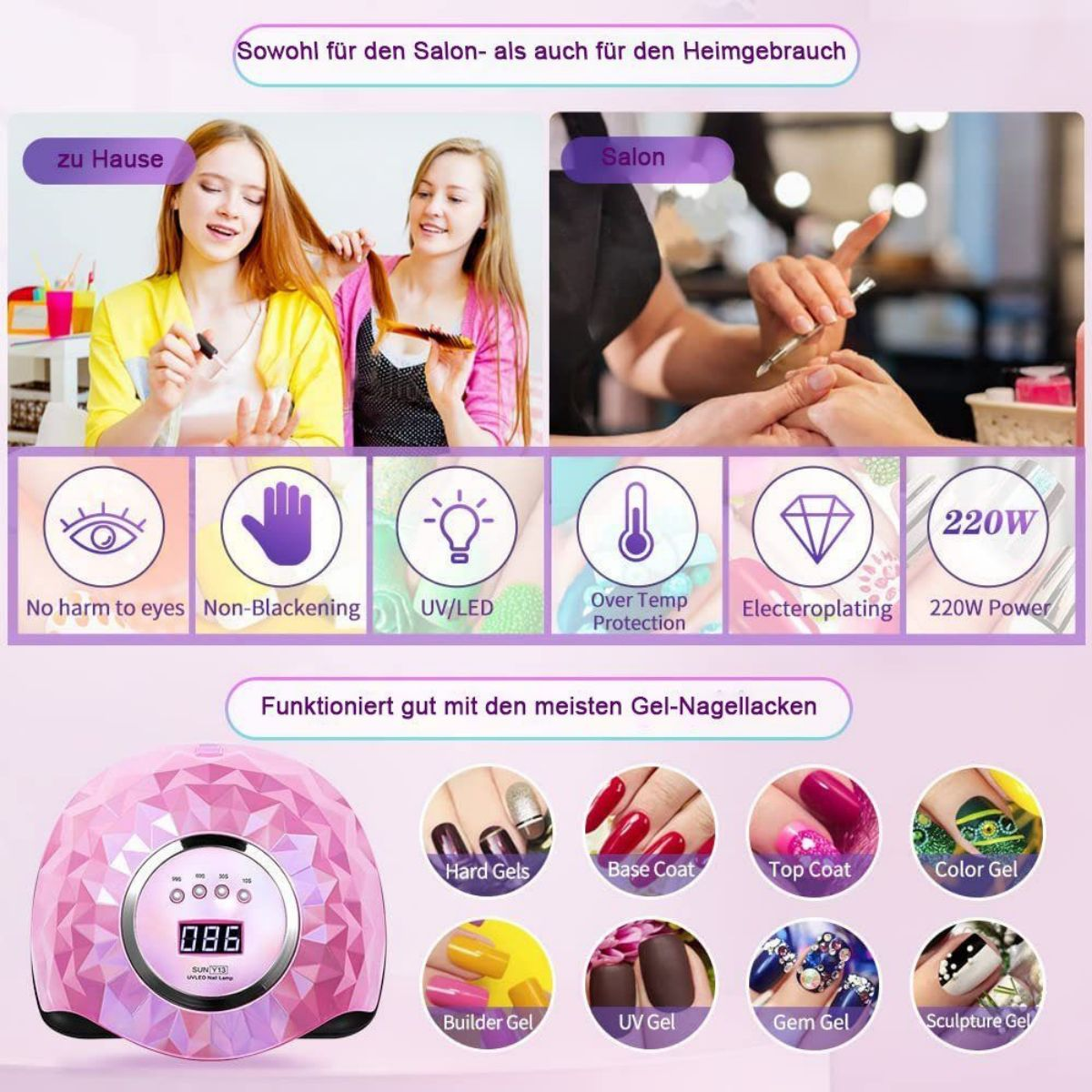 Pinke Nagellampe mit Symbolen und Frau beim Auftragen von Nagellack. Verschiedene Nagelfarben.