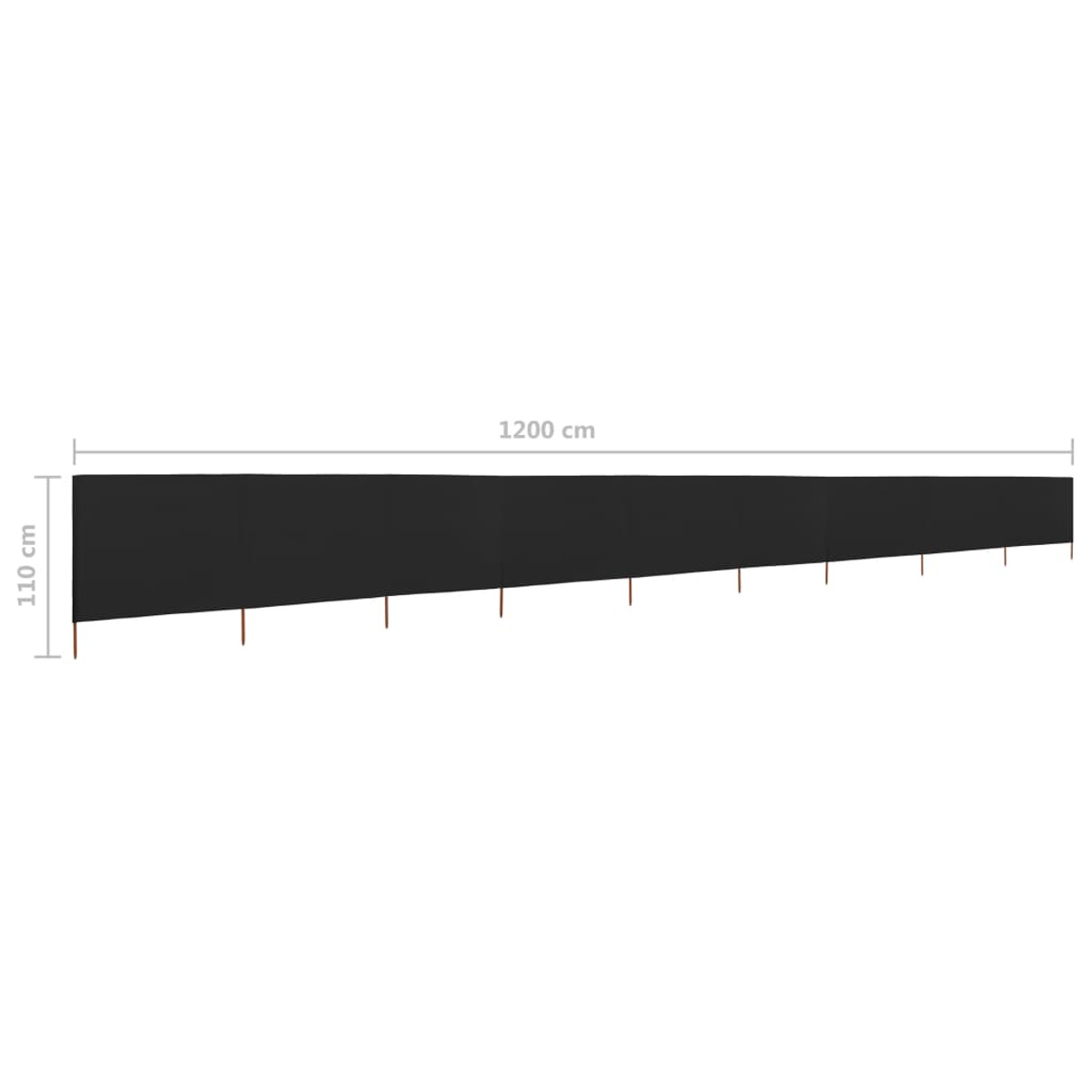 Ein langer schwarzer Sichtschutz ist installiert. Er ist 1200 cm lang und 110 cm hoch, mit braunen Pfosten.