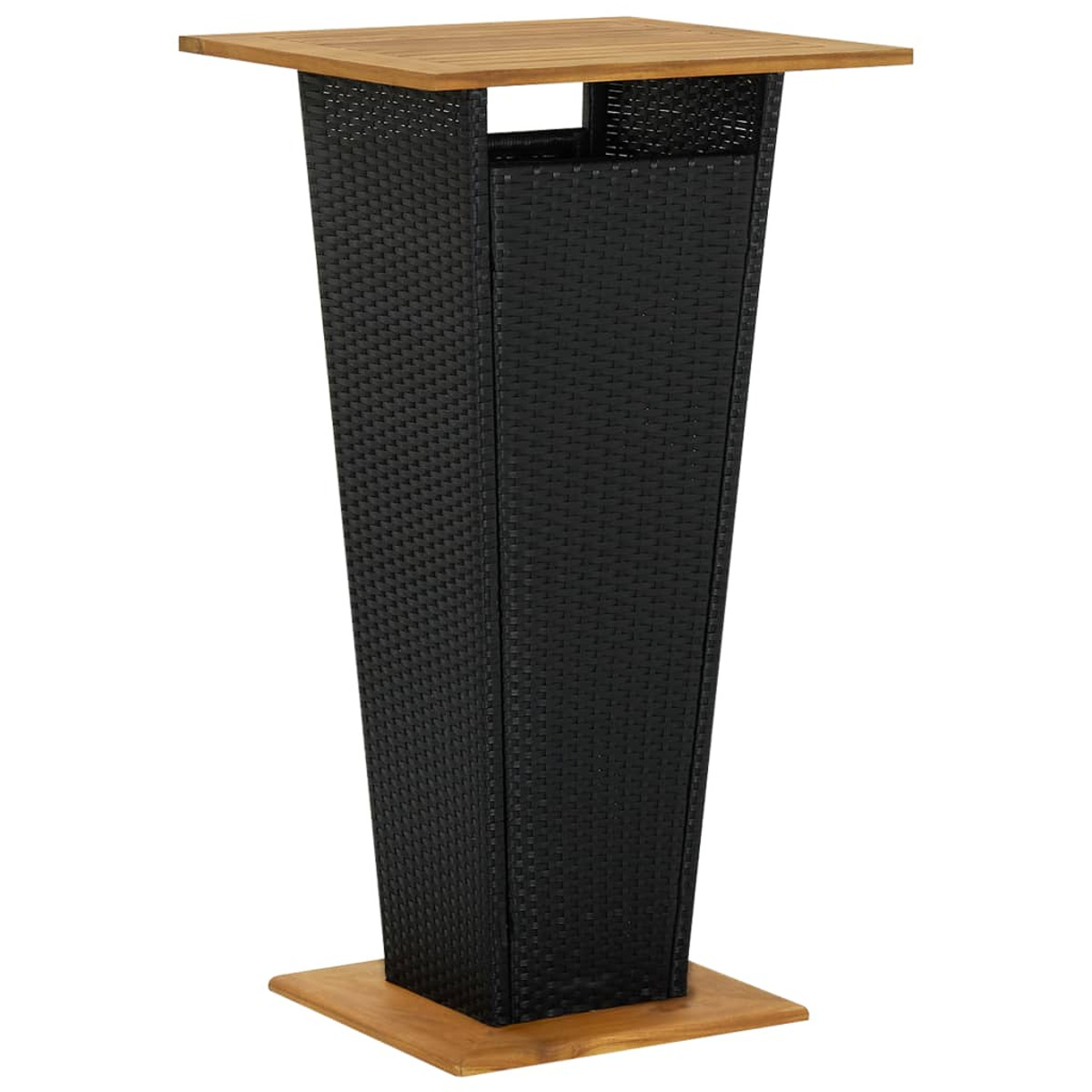 Ein schwarzer Barhocker aus Korbgeflecht mit einer Holzplatte und einem Sockel. Der Tisch hat ein modernes und schlankes Design.