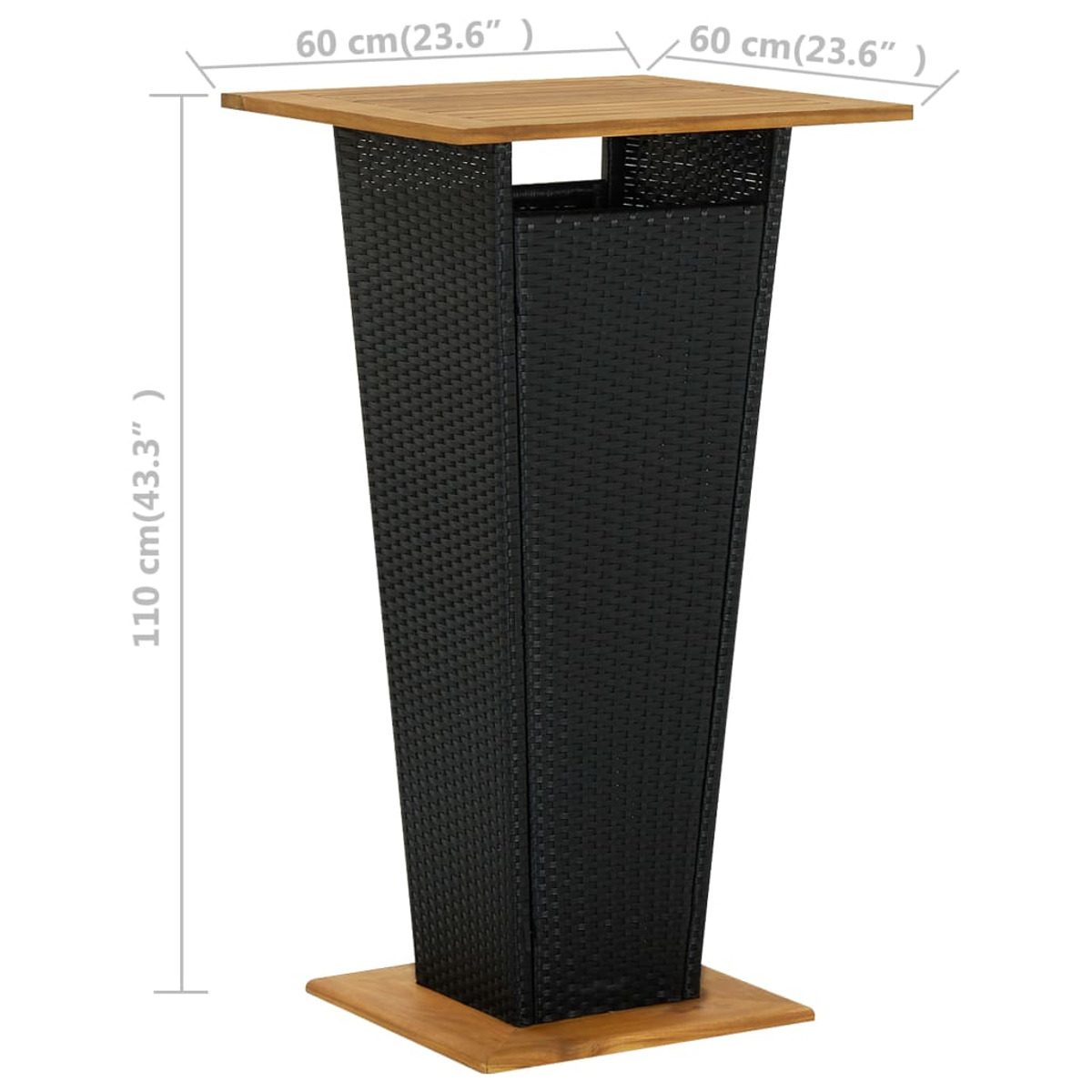 Ein hoher, quadratischer Bartisch aus gewebtem Material mit Holzplatte und -fuß, Maße sind angegeben.