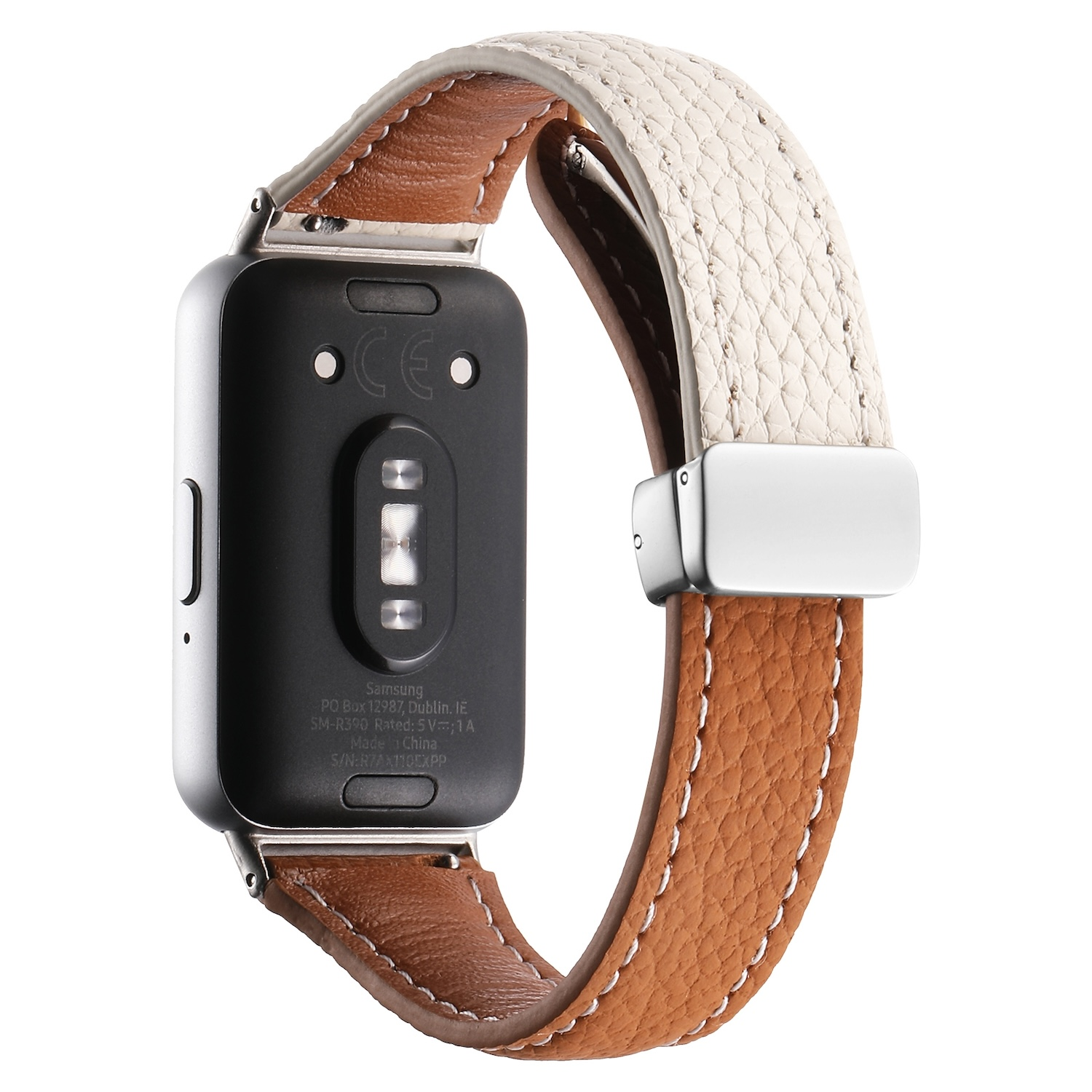 Smartwatch-Rückseite und Lederarmband. Braun-weißes Leder, silberner Verschluss.